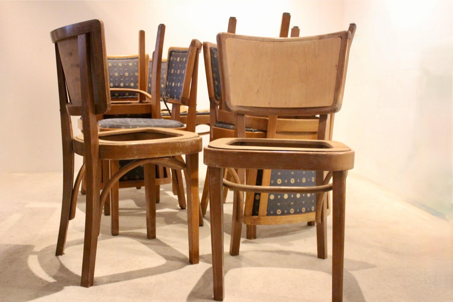 Raro juego de sillas de bistro Thonet de madera curvada sin tapizar, etiquetadas y estampadas 1