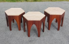 Rare Set of Three Harvey Probber Hexagonal Side Tables in Walnut & Travertine