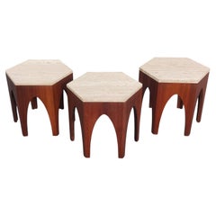Rare Set of Three Harvey Probber Hexagonal Side Tables in Walnut & Travertine