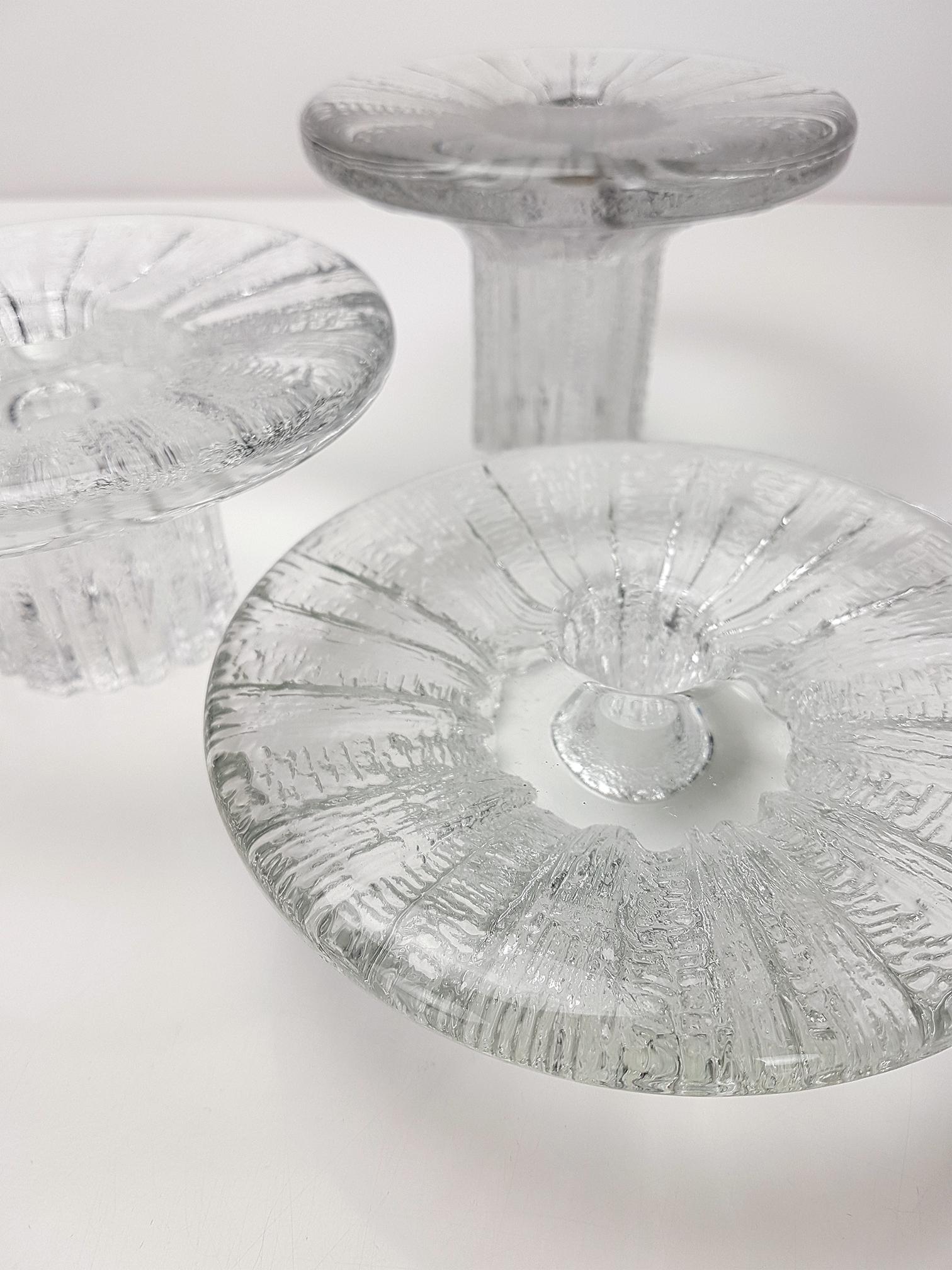 Mid-Century Modern Rare Set of Three Ice Glass Candleholders Timo Scarpaneva for Iittala, 1980s