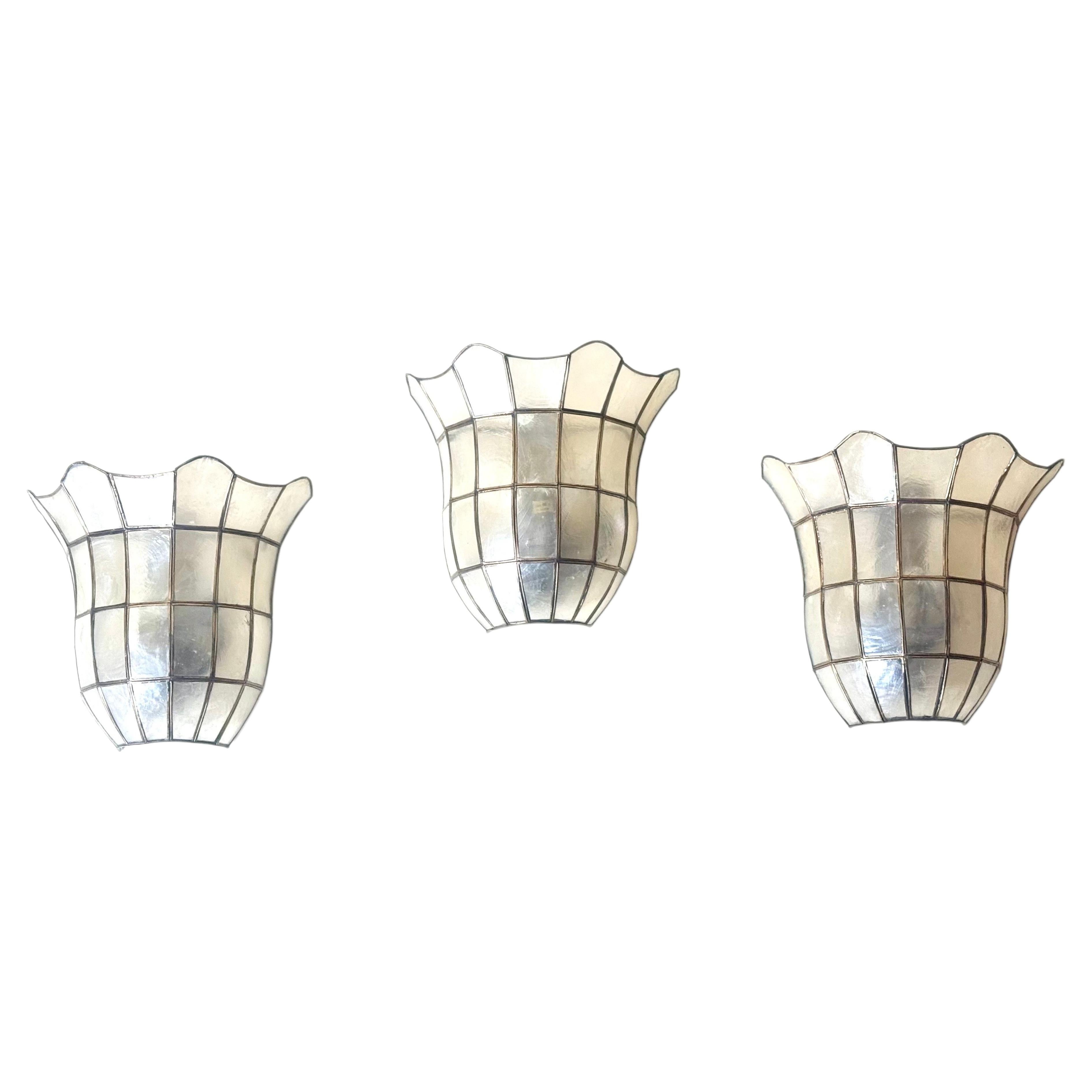 Rare Set of Three Italian Capiz Shell Wall Sconces, circa 1970s