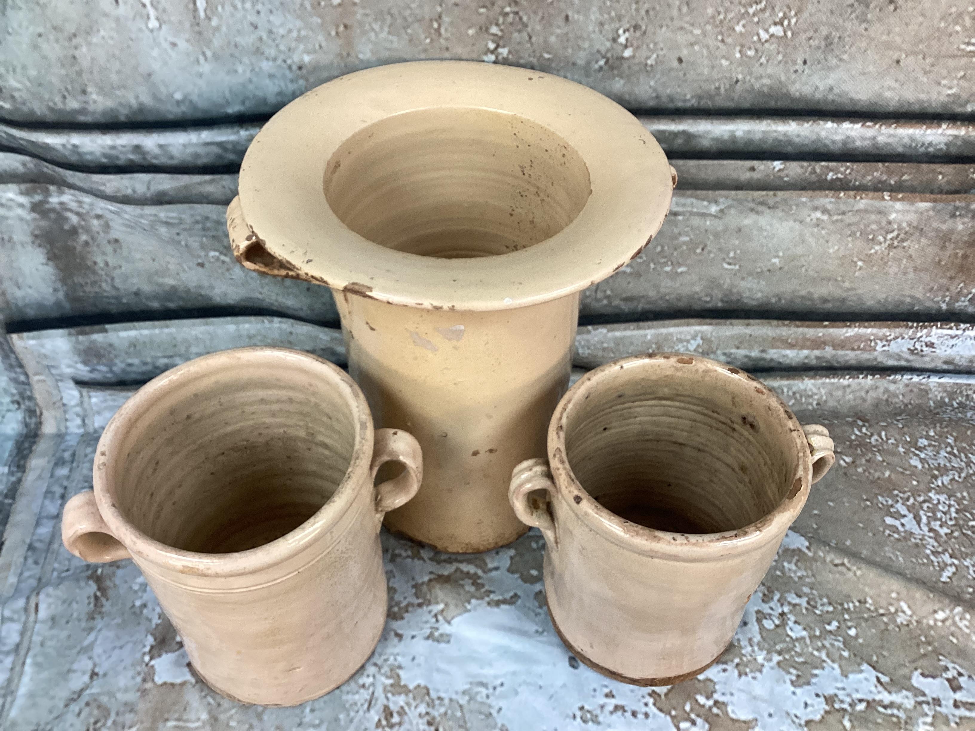 Fabulous set of three 19th Century Italian ceramic chiminea preserve pots with handles. These pots were used to preserve food such as fruits, meat or vegetables. They were designed to be used in conjunction with wood-burning stove or fireplace as