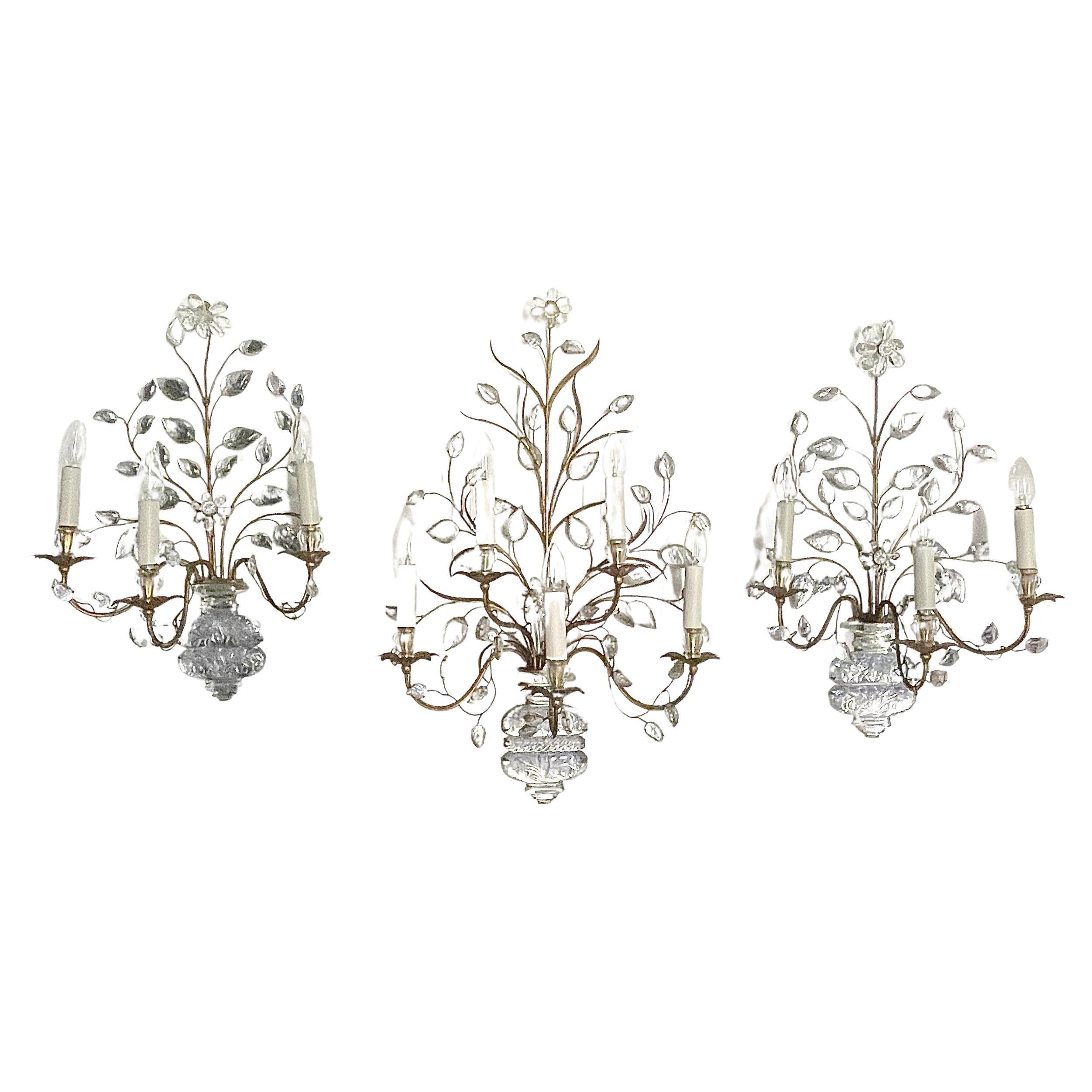 French Rare Set of Three Large Wall Sconces by Maison Baguès, Paris, circa 1930s For Sale