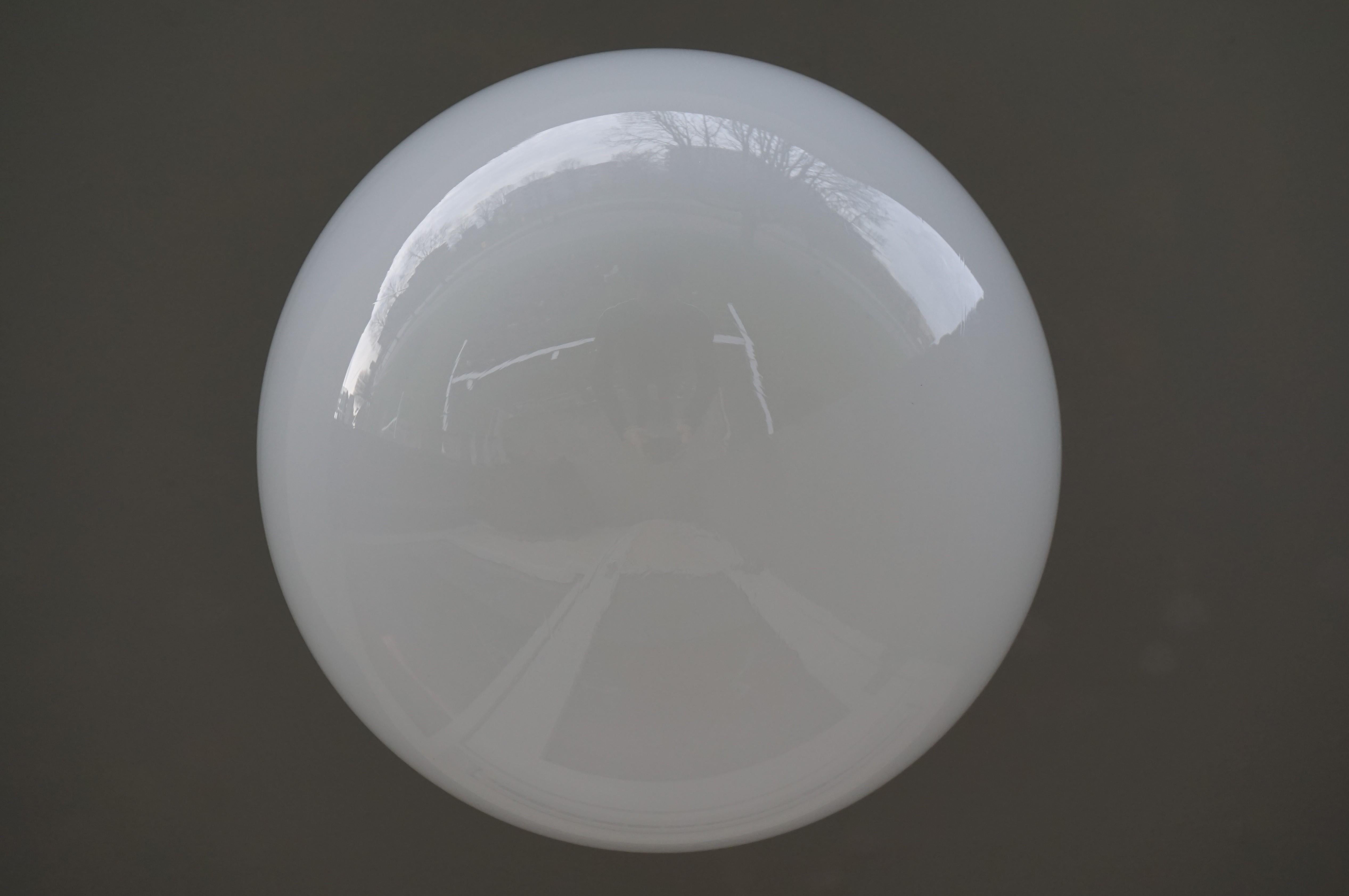Rare Set of Three Midcentury Modern Chrome & Opaline Glass Globe Pendant Lights For Sale 2