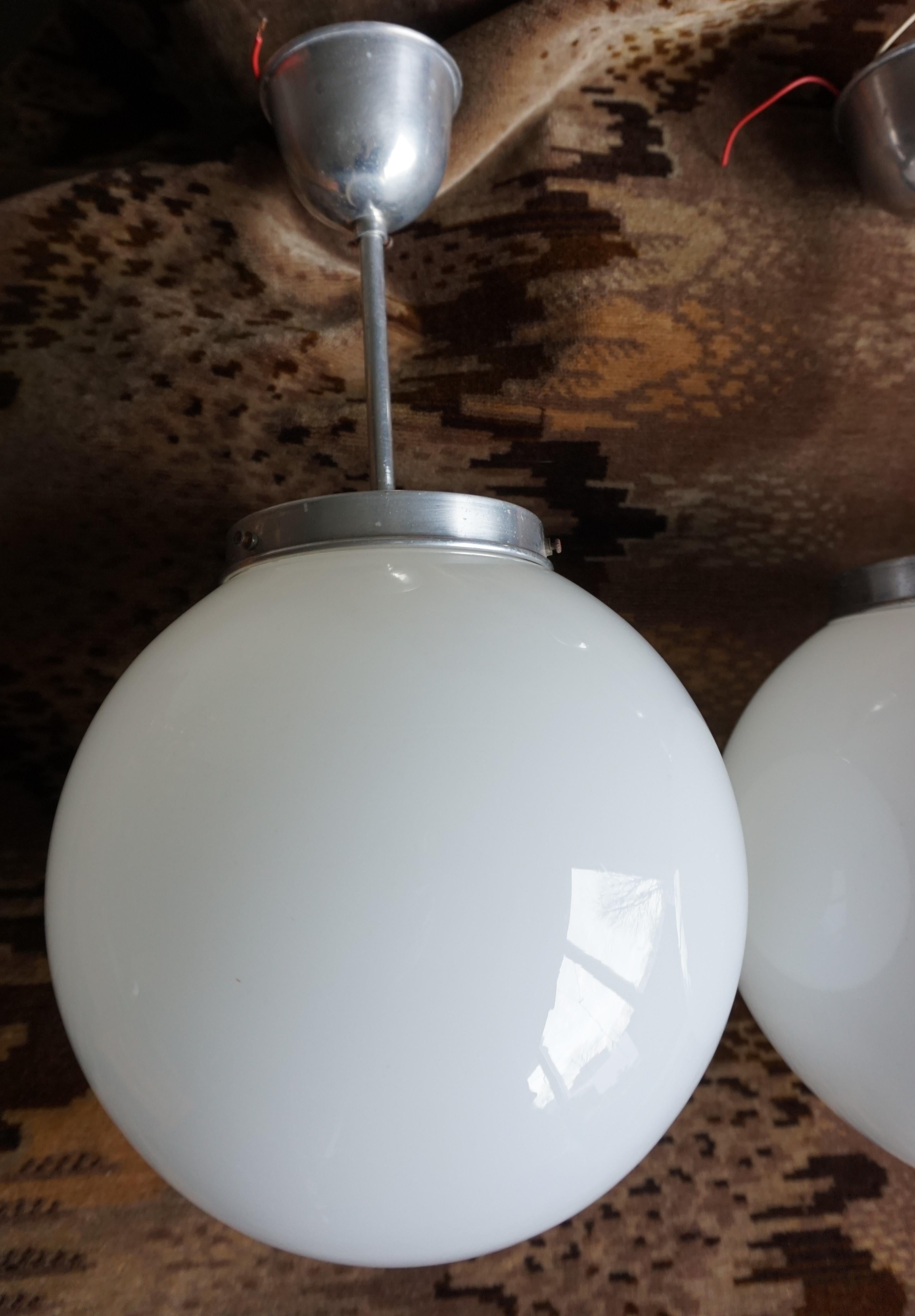 Rare Set of Three Midcentury Modern Chrome & Opaline Glass Globe Pendant Lights For Sale 5