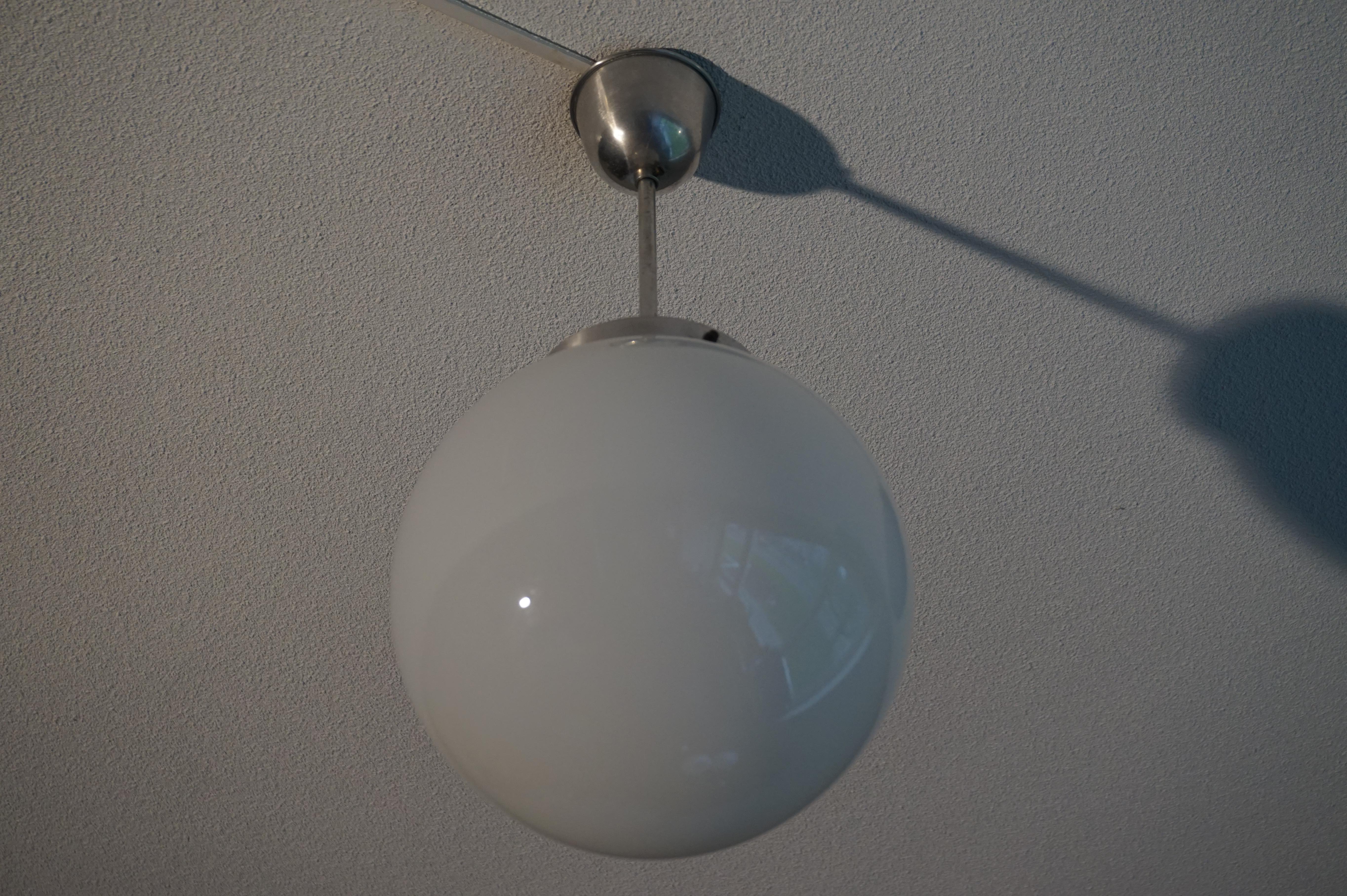 Rare Set of Three Midcentury Modern Chrome & Opaline Glass Globe Pendant Lights For Sale 6