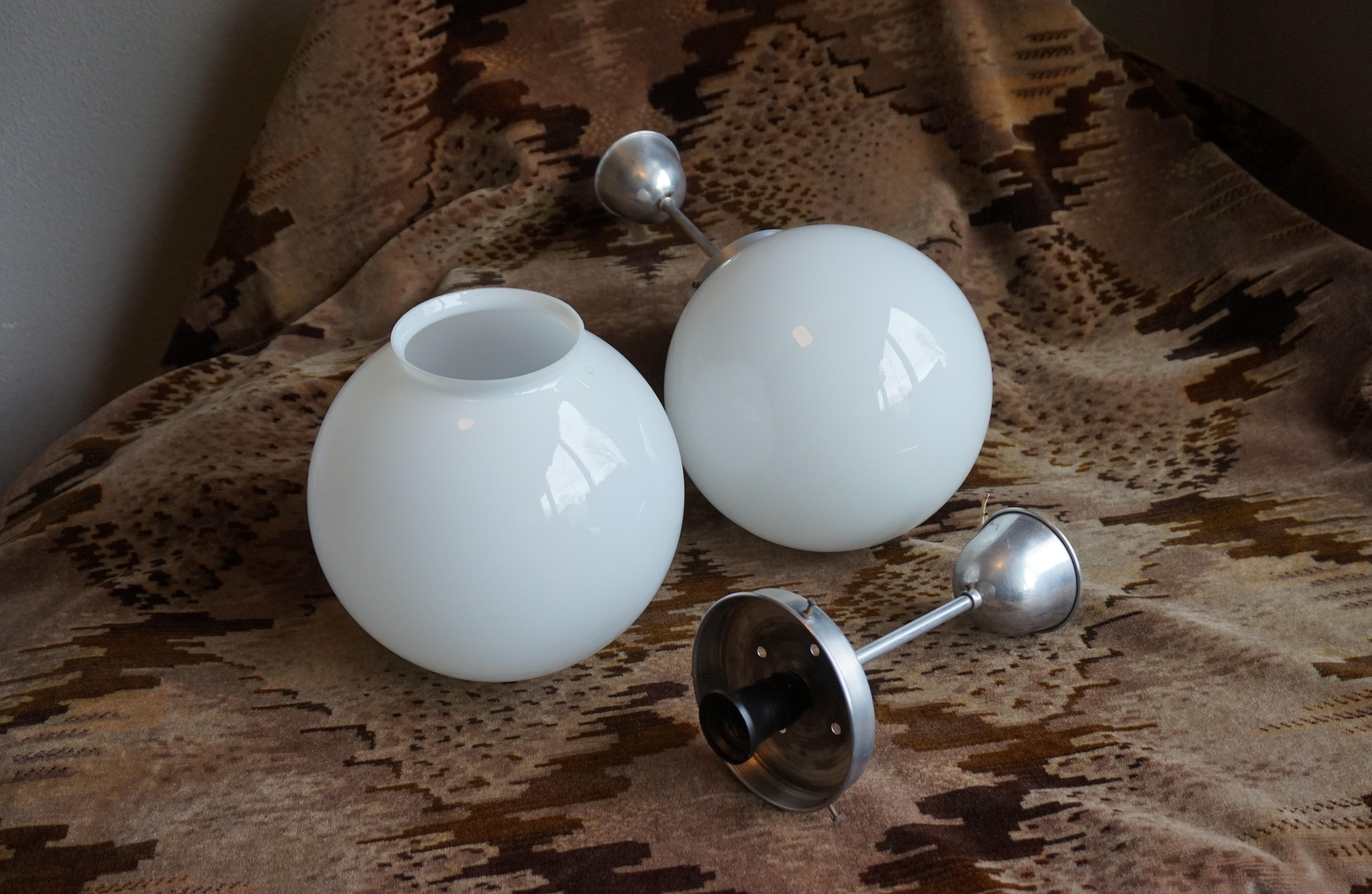 Rare Set of Three Midcentury Modern Chrome & Opaline Glass Globe Pendant Lights In Good Condition For Sale In Lisse, NL