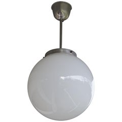 Retro Rare Set of Three Midcentury Modern Chrome & Opaline Glass Globe Pendant Lights