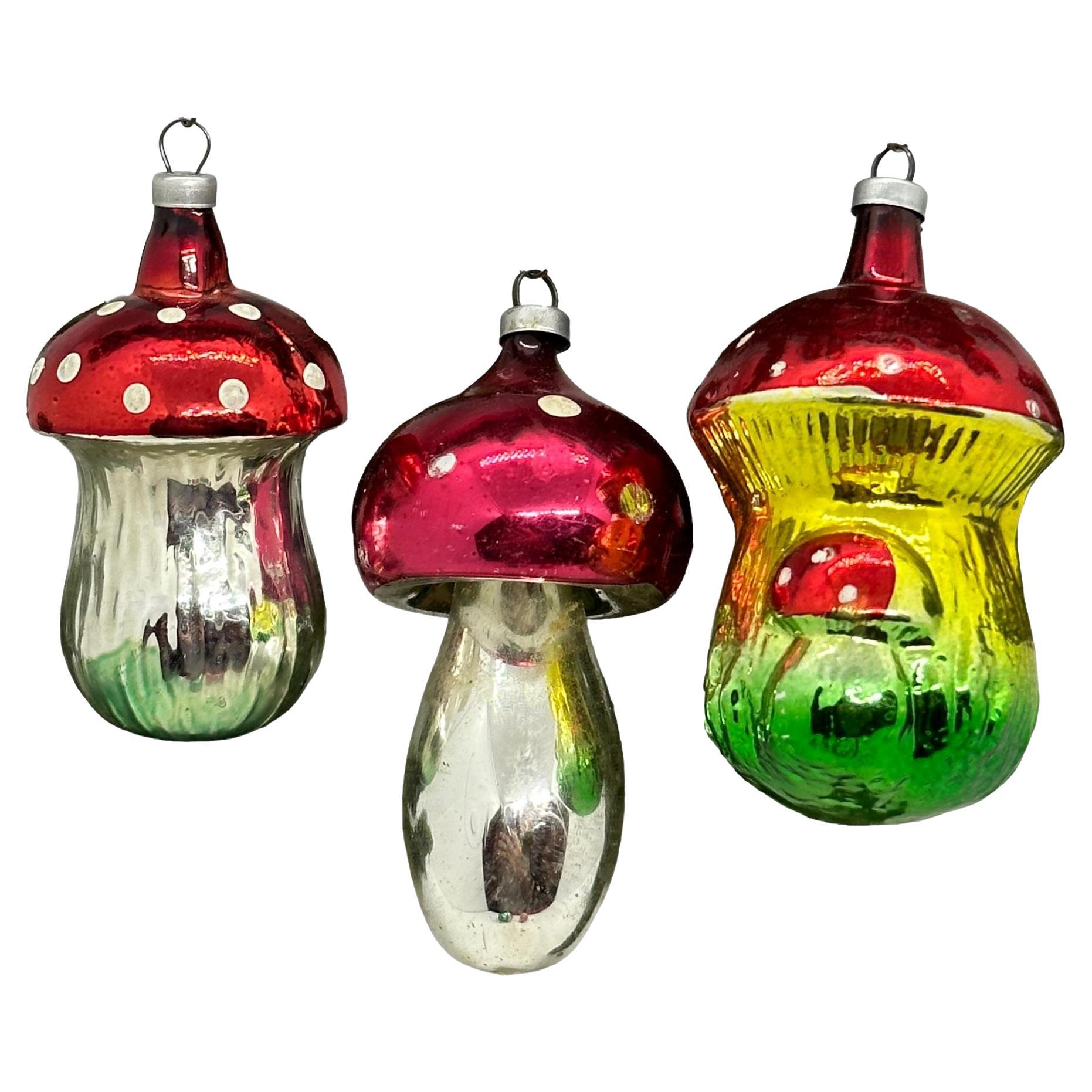 Rare Set of Three Mushroom Christmas Ornament Vintage, 1930s