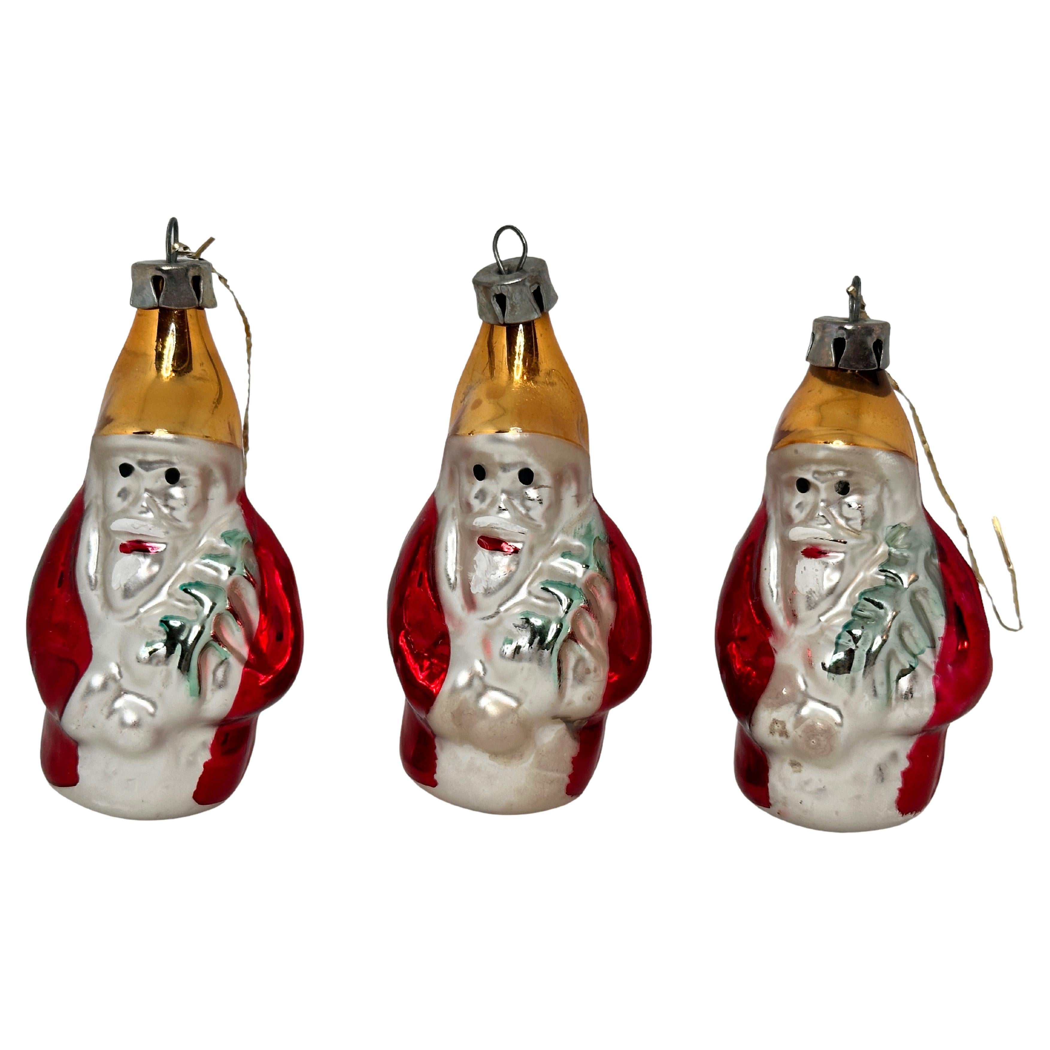 Rare Set of Three Santa Claus Mercury Glass Christmas Ornament Vintage, 1930s