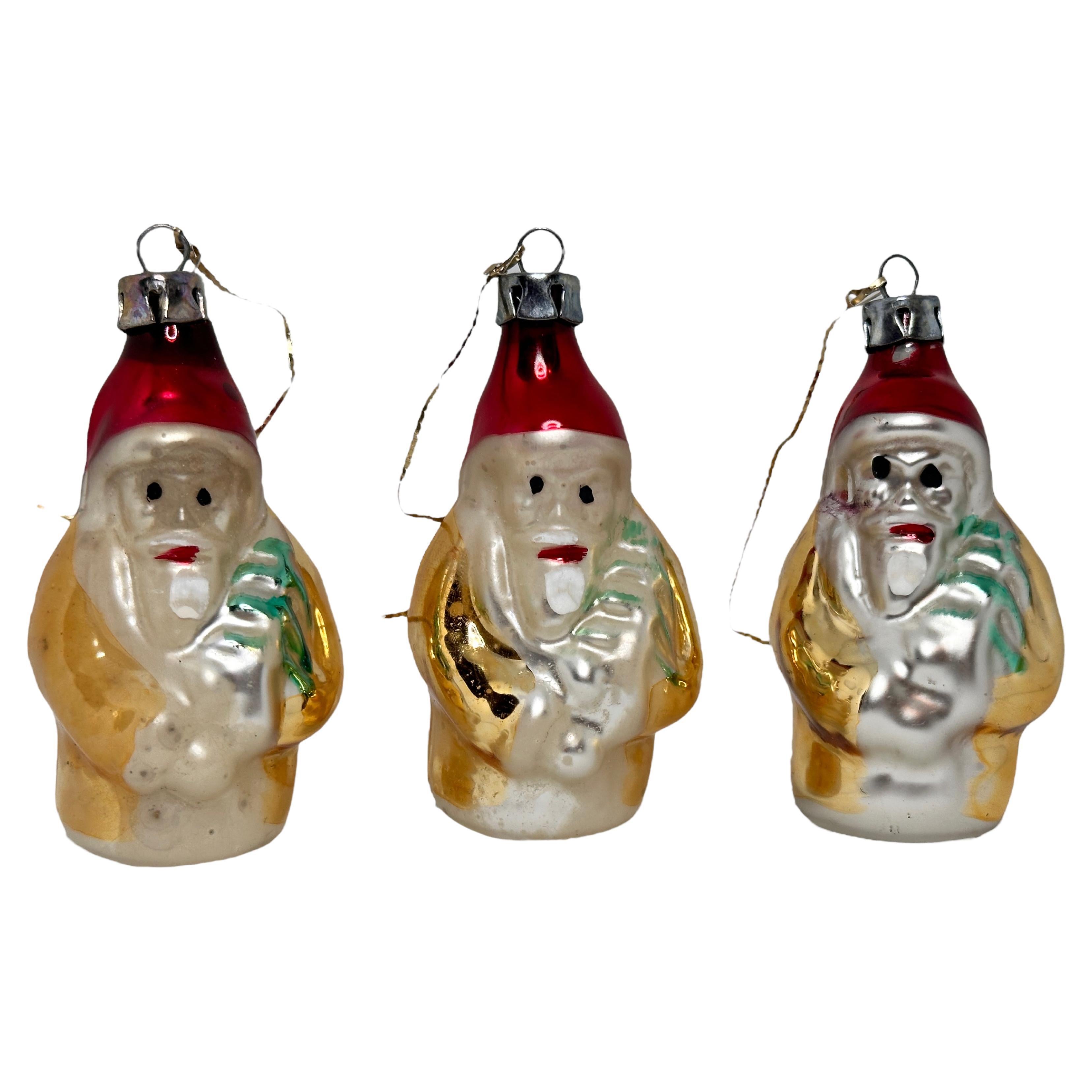 Rare Set of Three Santa Claus Mercury Glass Christmas Ornament Vintage, 1930s For Sale