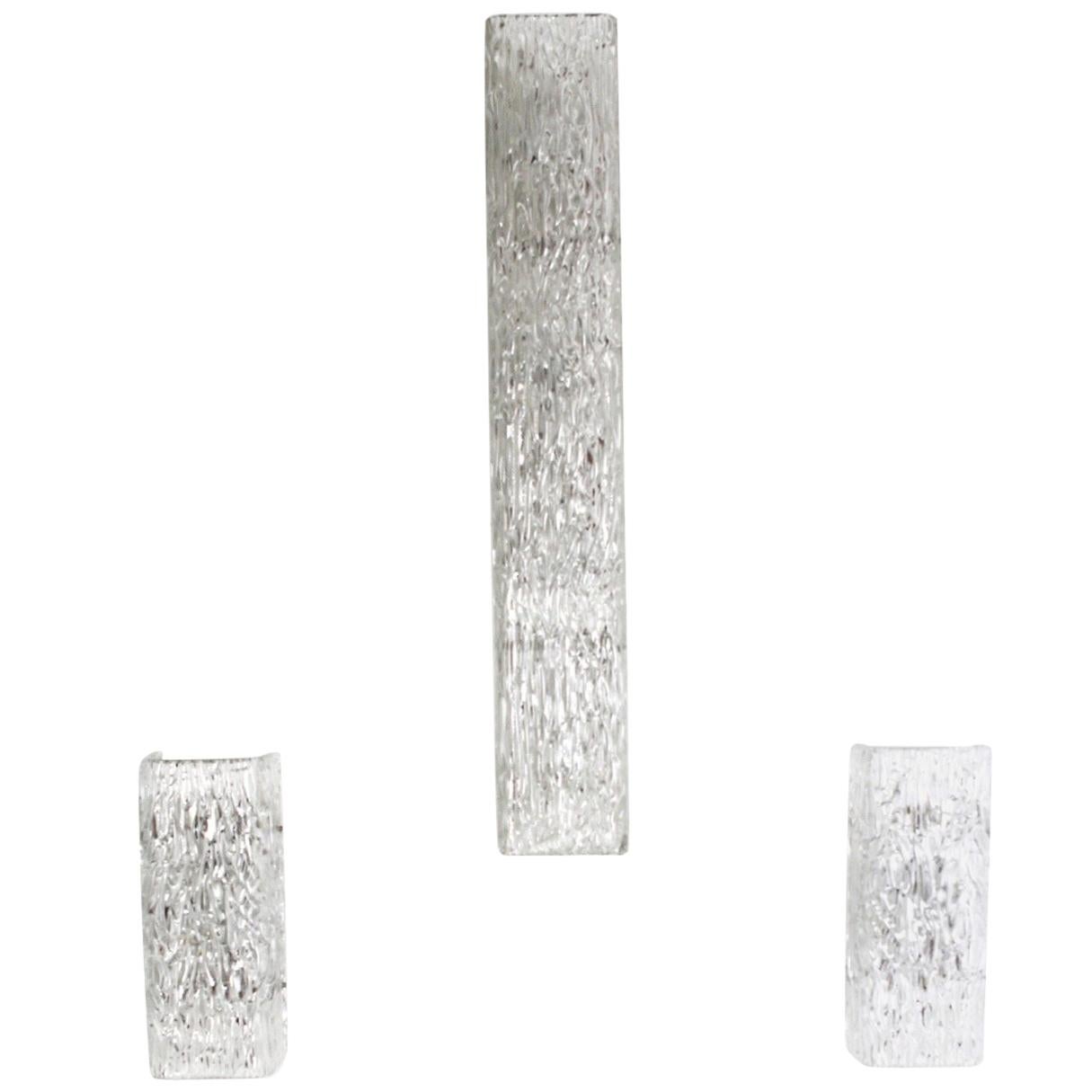 Rare Set of Three Textured Ice Glass Wall Lights Sconces by J.T. Kalmar, Austria For Sale