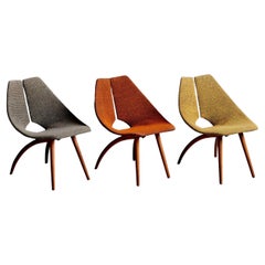 Rare ensemble de trois tapissés des premiers contreplaqués Ray Komai Chaises longues US années 1940