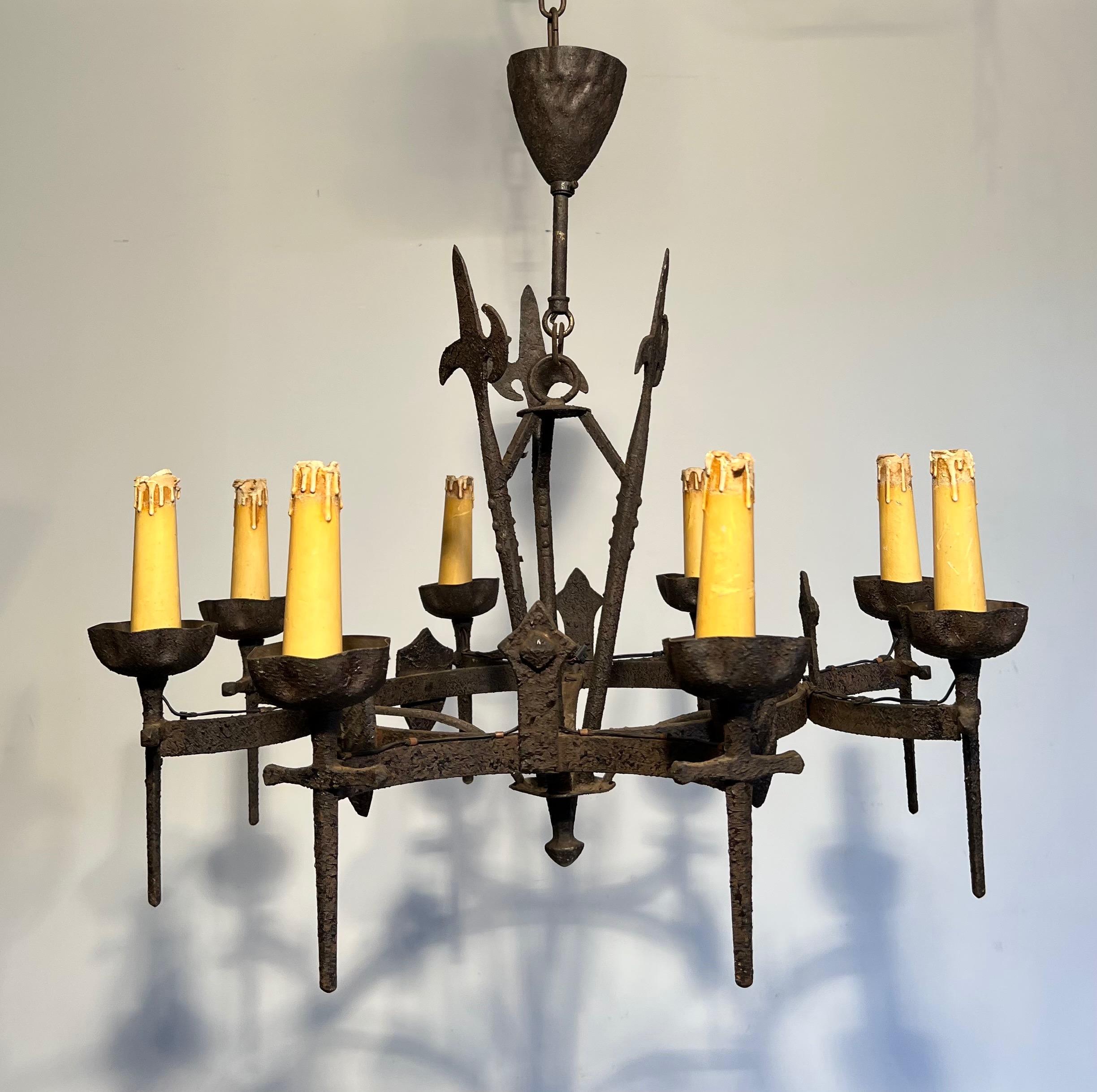 Rare Set of Three Wrought Iron Chandelier in the Gothic Style. Circa 1950 For Sale 5