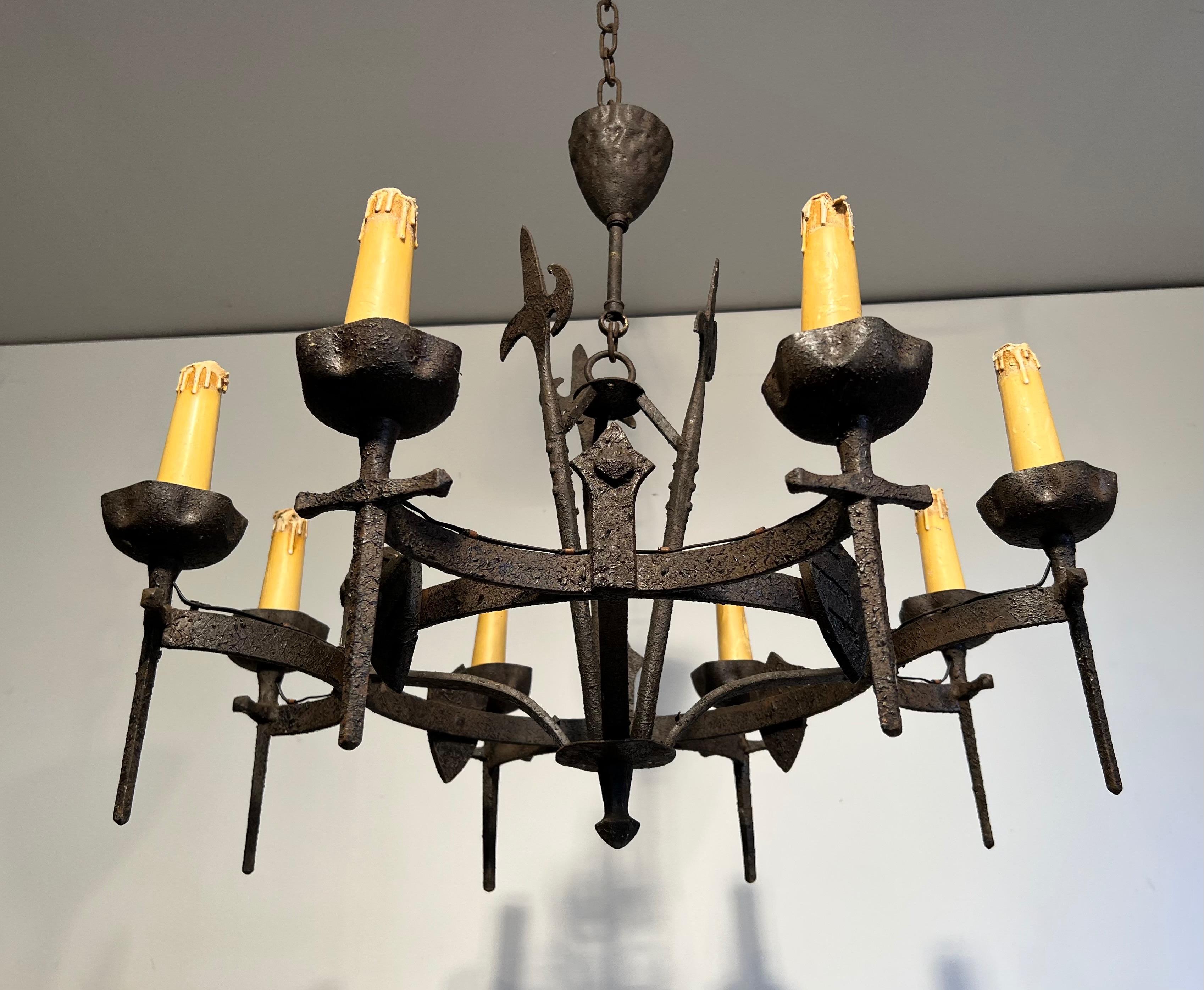 Rare Set of Three Wrought Iron Chandelier in the Gothic Style. Circa 1950 For Sale 6