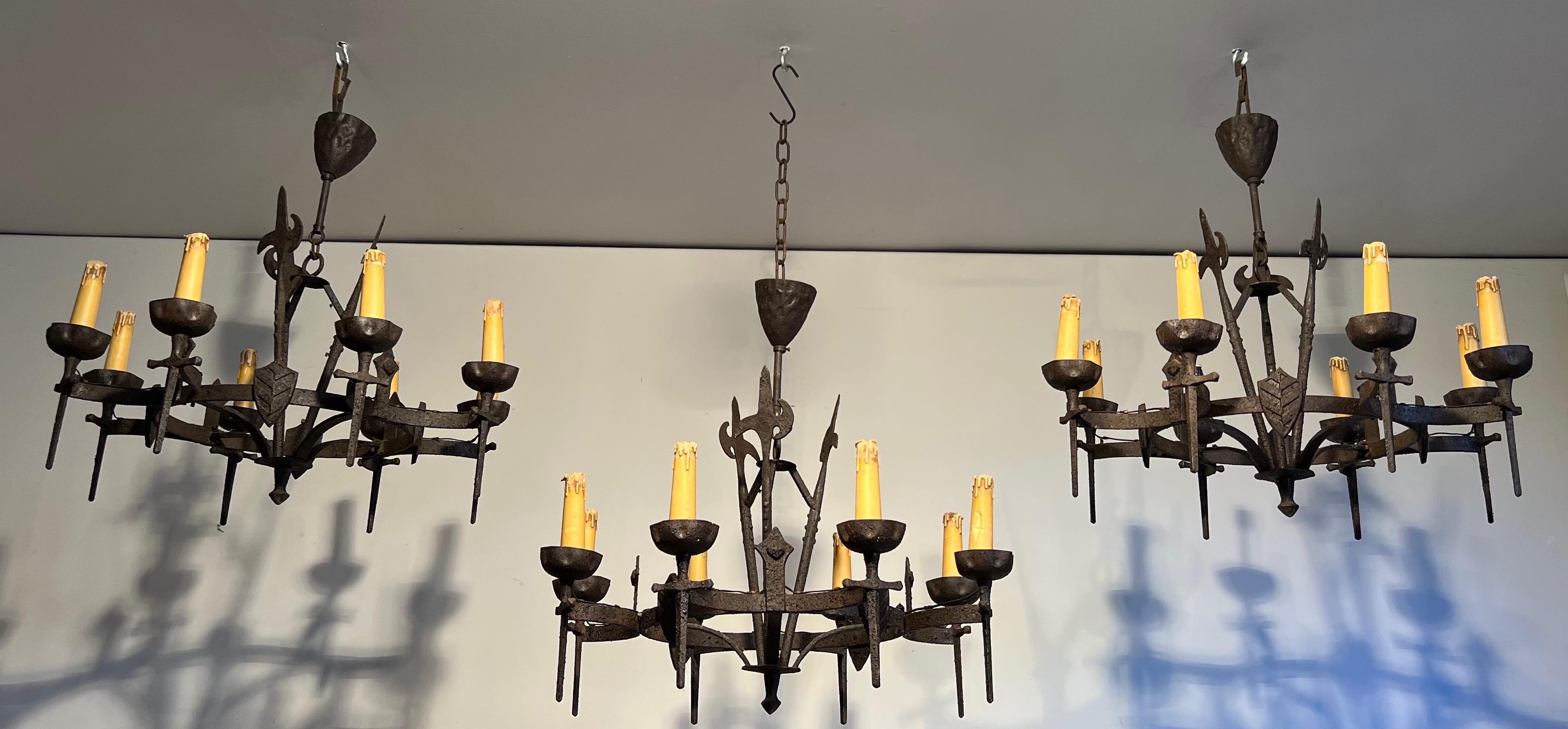 Rare Set of Three Wrought Iron Chandelier in the Gothic Style. Circa 1950 For Sale 7