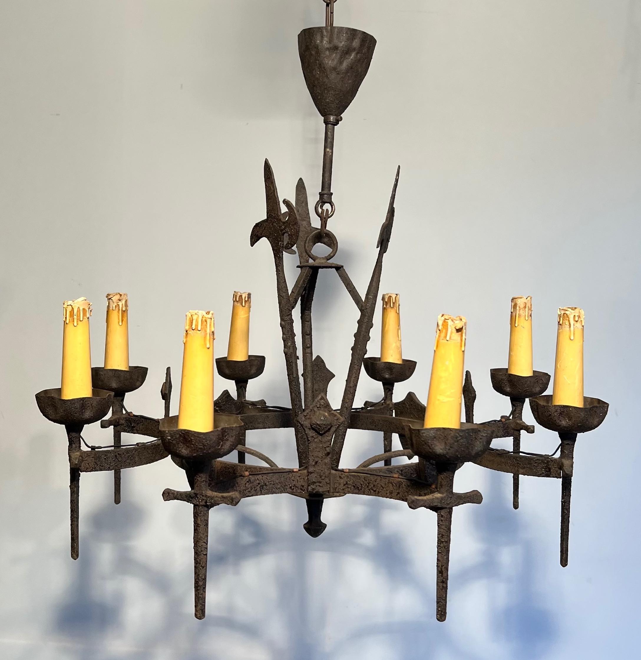 Rare Set of Three Wrought Iron Chandelier in the Gothic Style. Circa 1950 For Sale 8