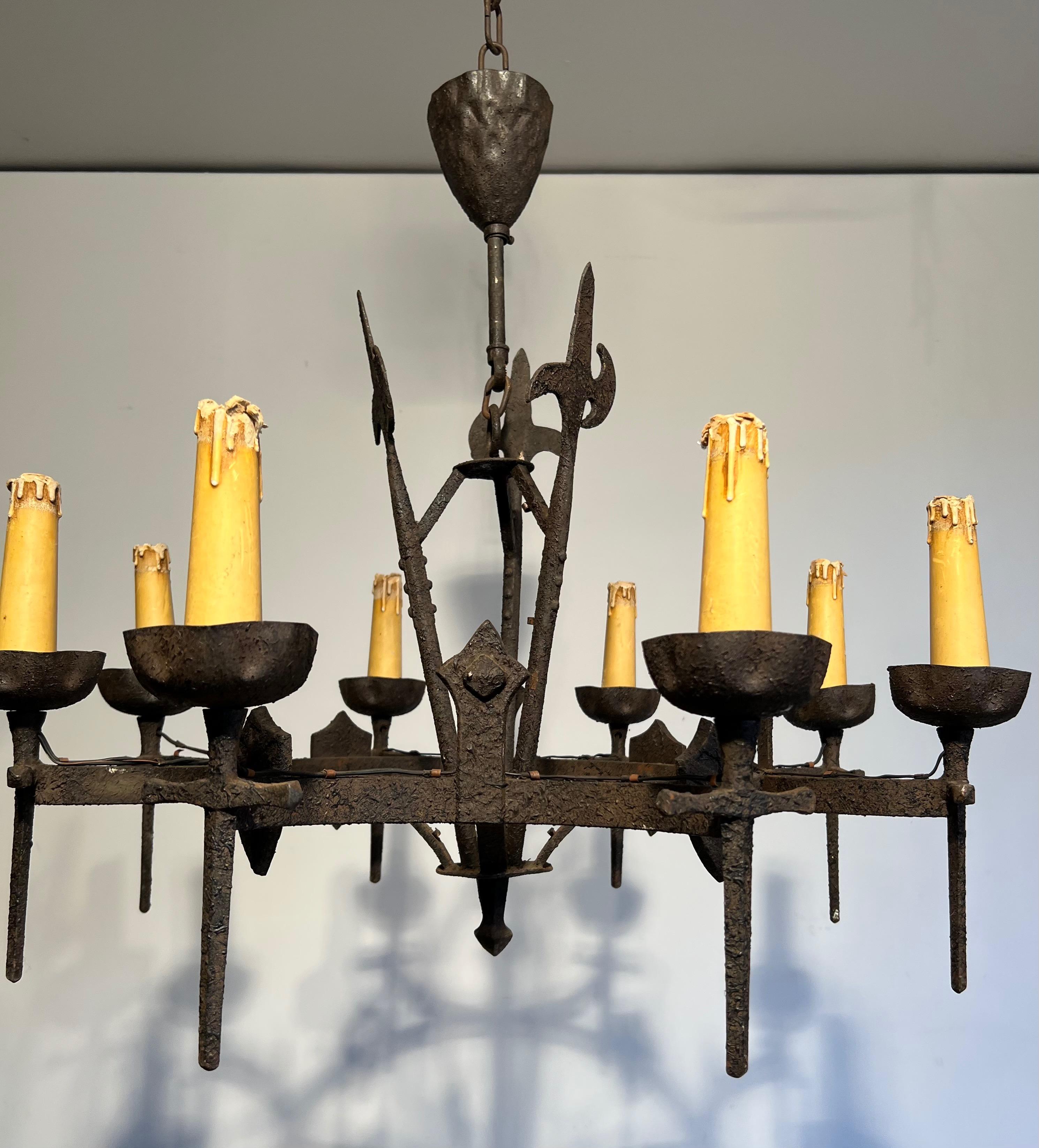 Rare Set of Three Wrought Iron Chandelier in the Gothic Style. Circa 1950 For Sale 9
