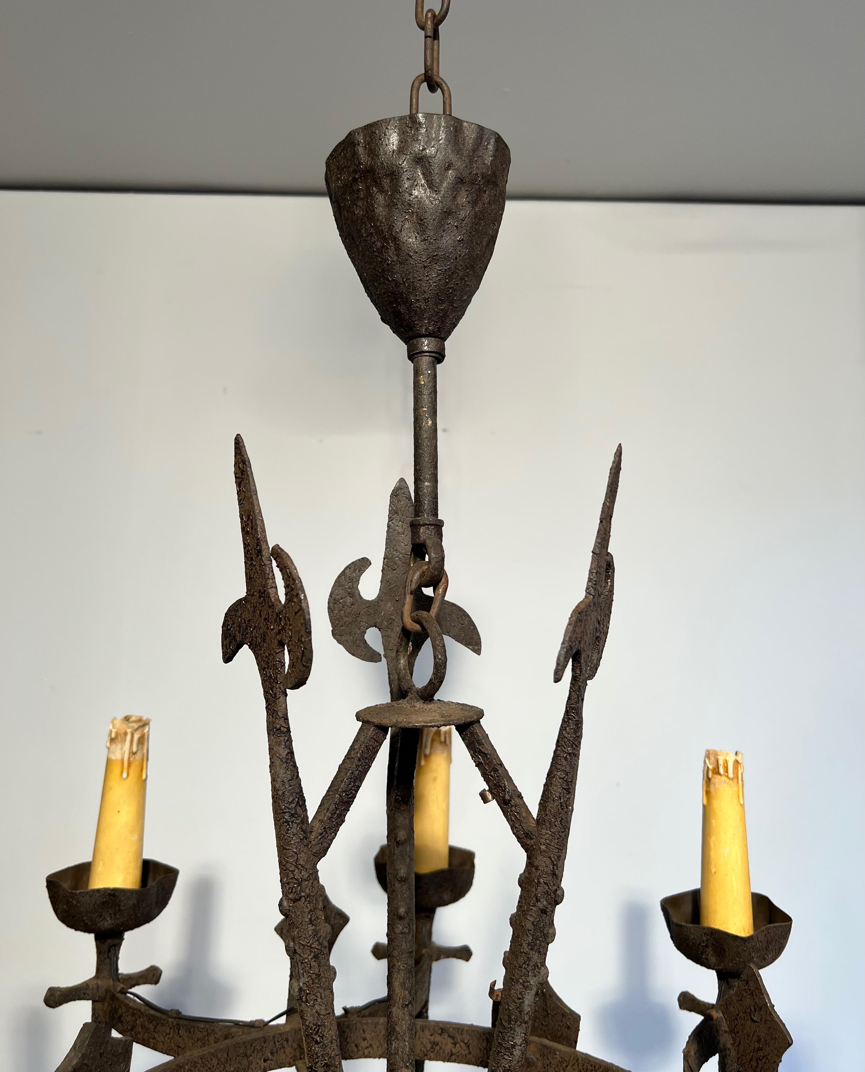 Rare Set of Three Wrought Iron Chandelier in the Gothic Style. Circa 1950 For Sale 10