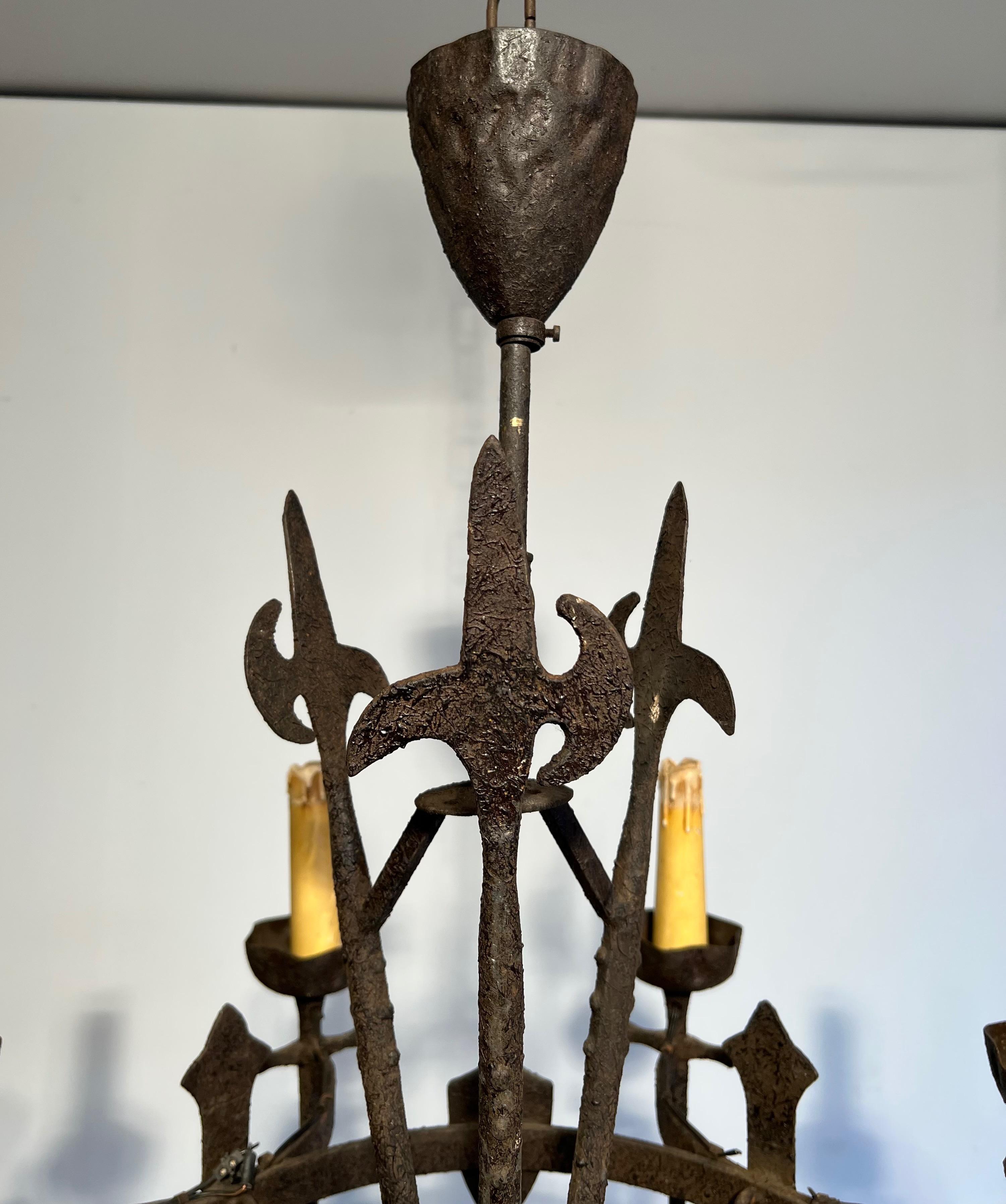 Rare Set of Three Wrought Iron Chandelier in the Gothic Style. Circa 1950 For Sale 11