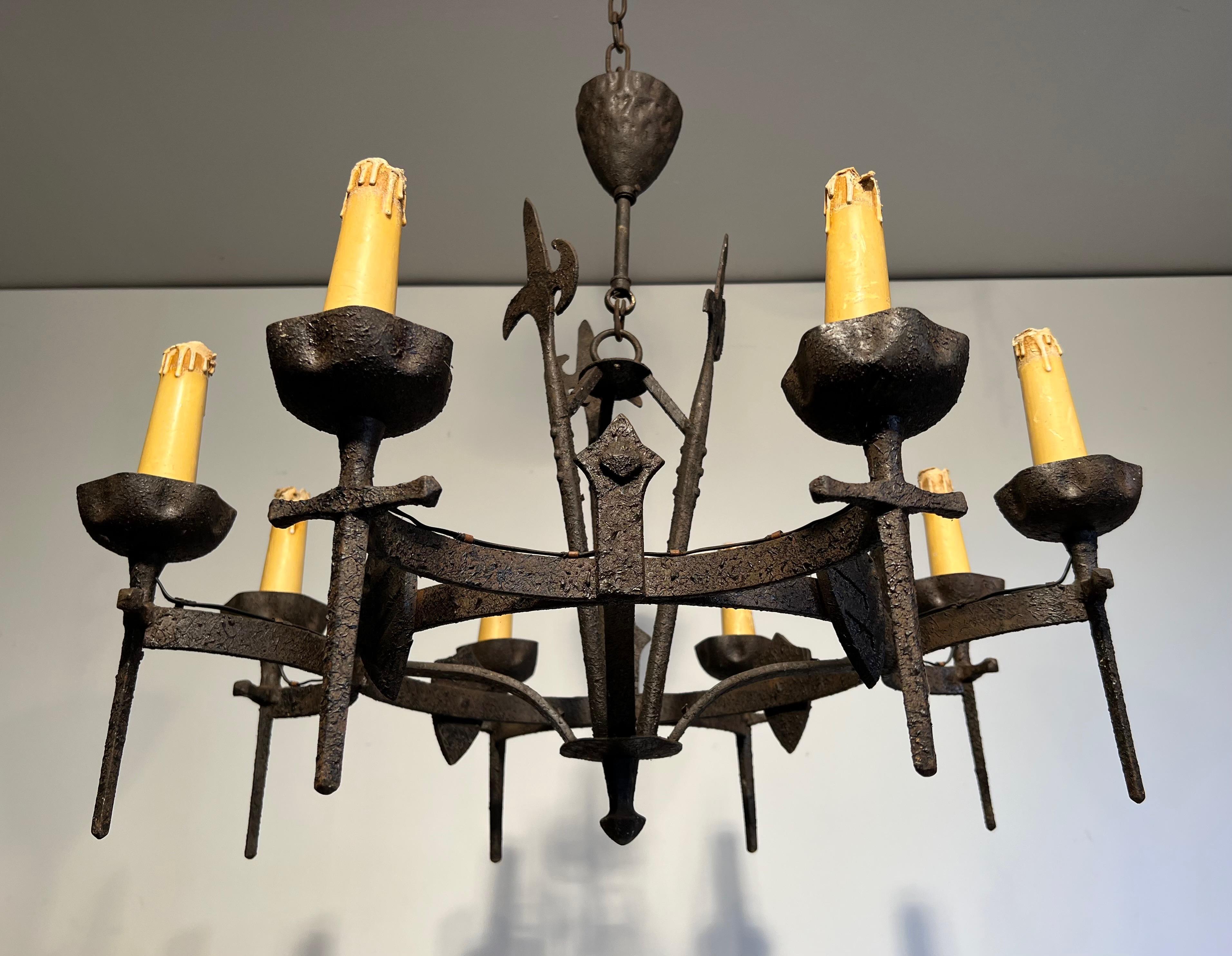 Rare Set of Three Wrought Iron Chandelier in the Gothic Style. Circa 1950 For Sale 14