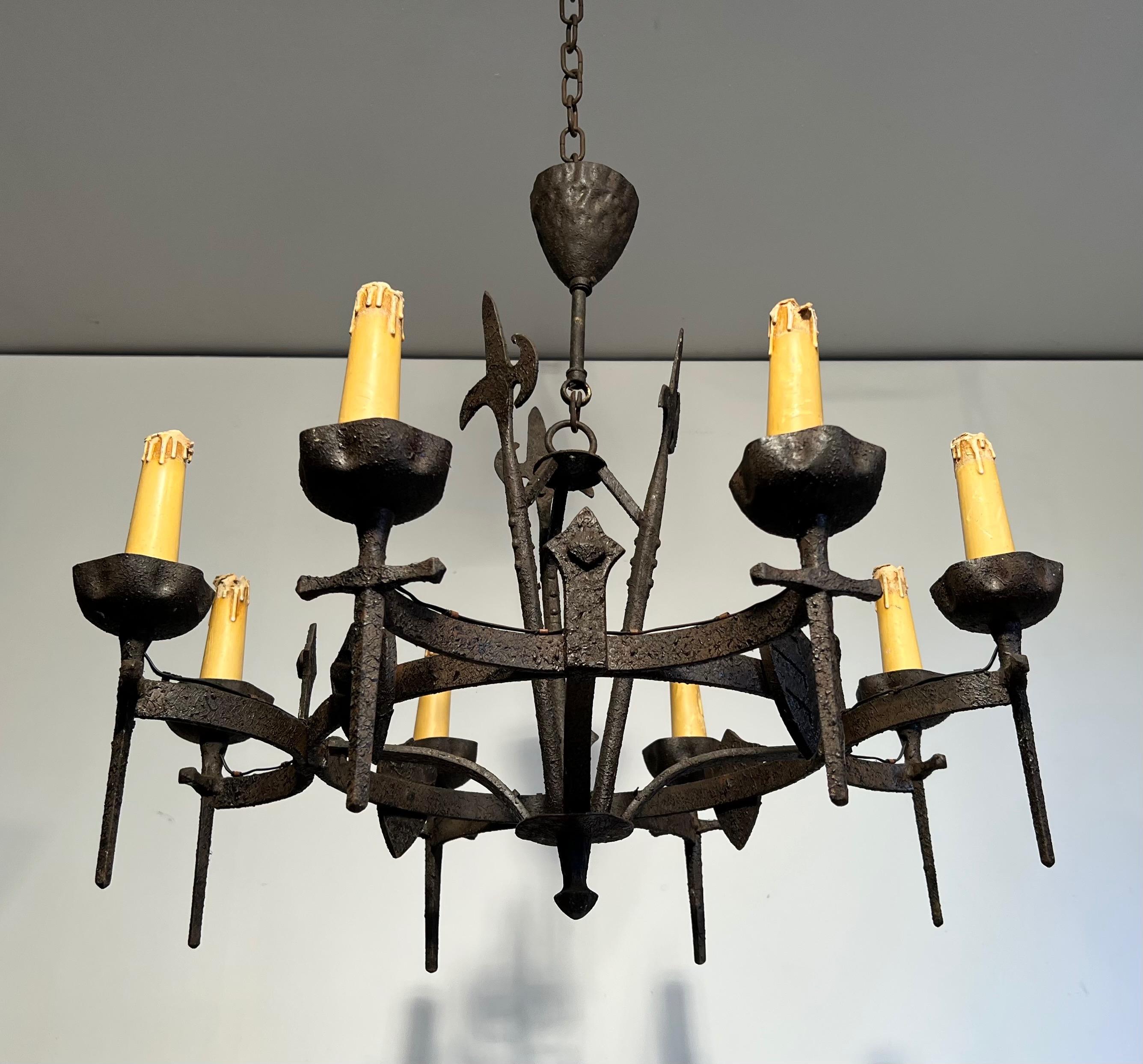 French Rare Set of Three Wrought Iron Chandelier in the Gothic Style. Circa 1950 For Sale