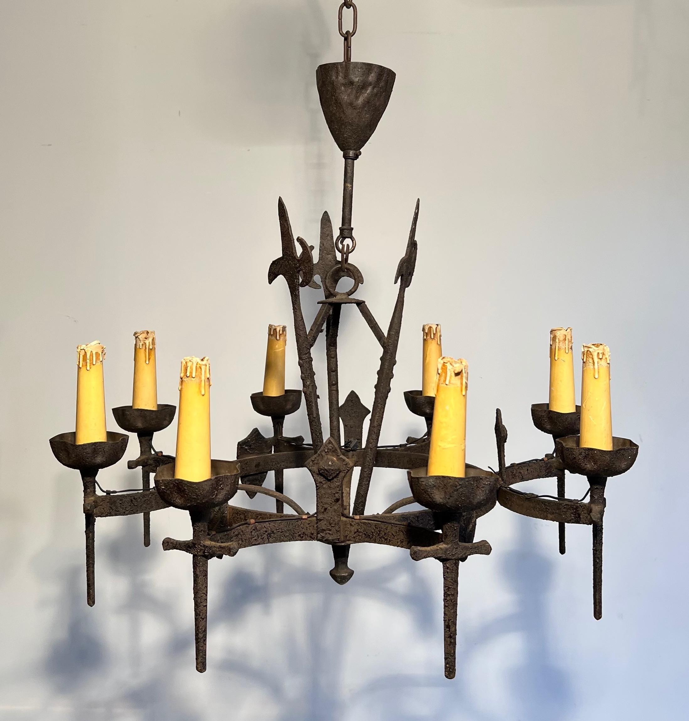 Mid-20th Century Rare Set of Three Wrought Iron Chandelier in the Gothic Style. Circa 1950 For Sale