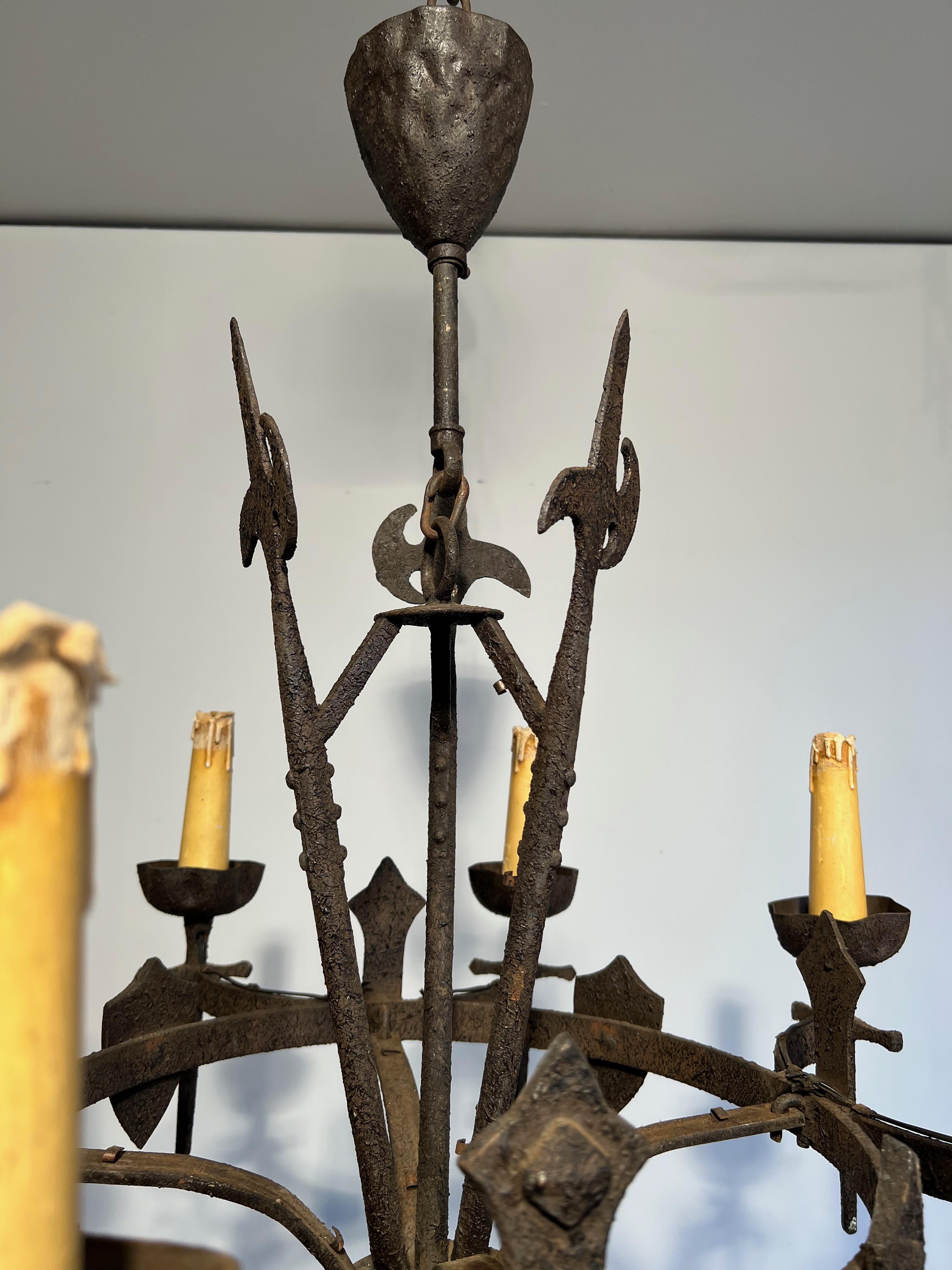 Rare Set of Three Wrought Iron Chandelier in the Gothic Style. Circa 1950 For Sale 3