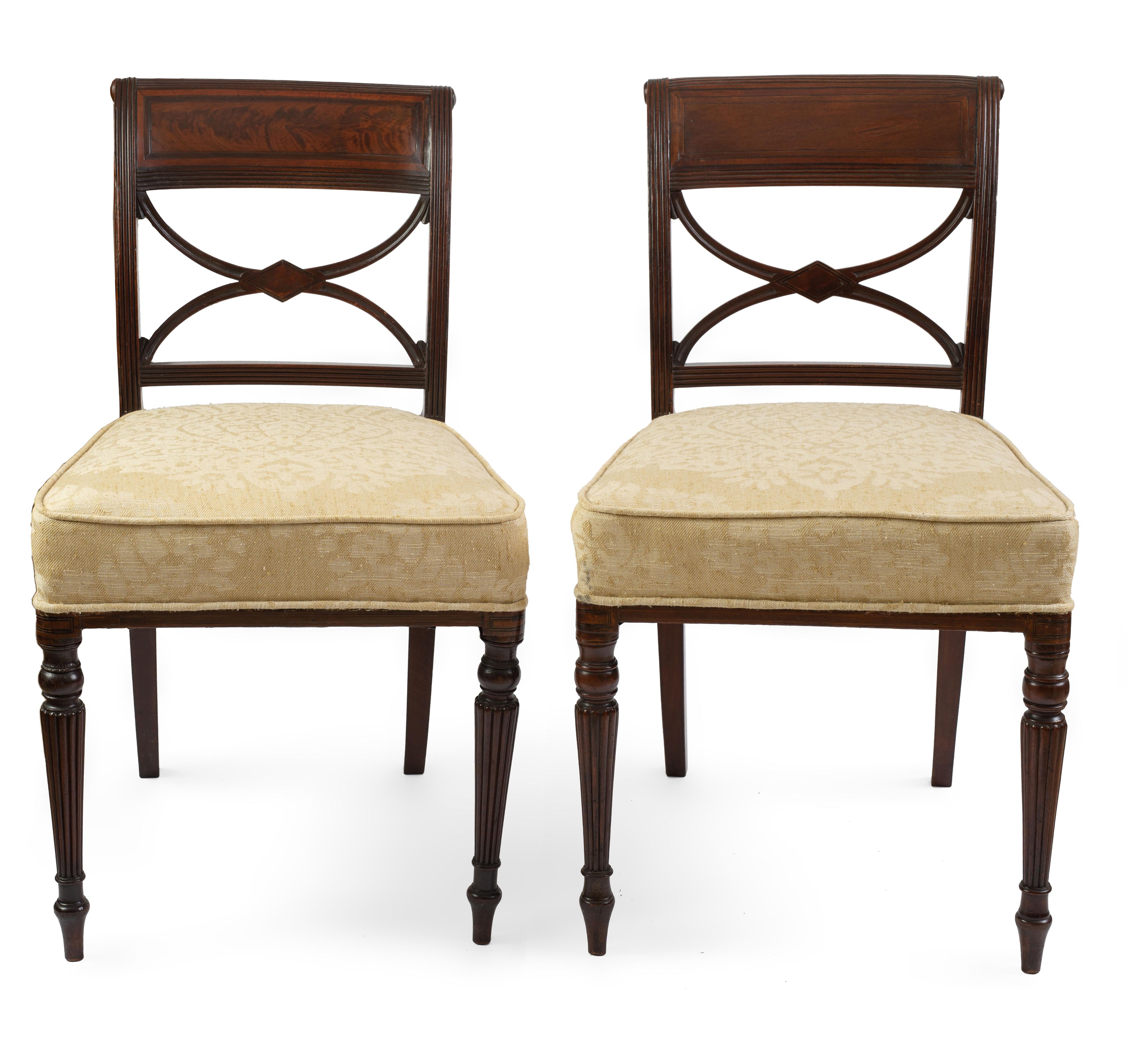English Rare Set of Twelve (12) Inlaid Mahogany Regency Dining Chairs