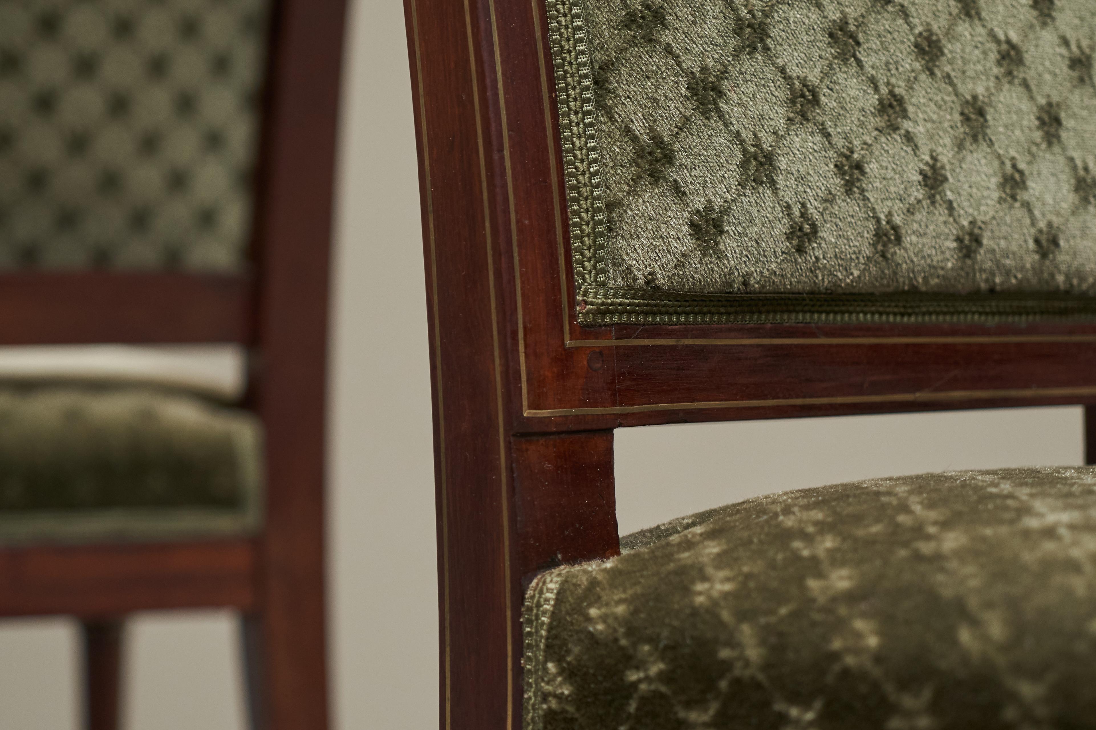 Rare Set of Twelve 19th Century Empire Chairs in Mahogany, Brass and Velvet For Sale 7