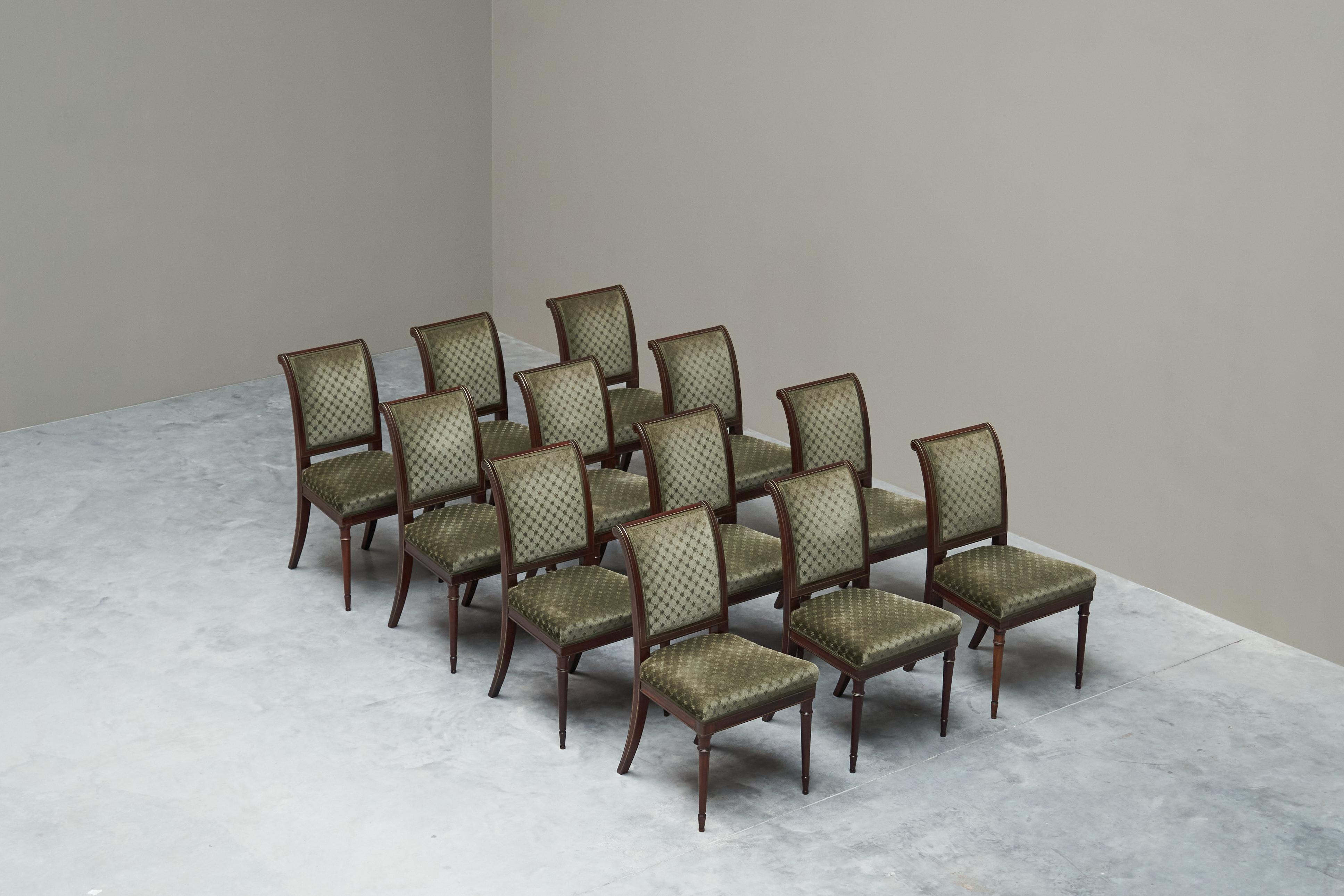 Rare Set of Twelve 19th Century Empire Chairs in Mahogany, Brass and Velvet For Sale 8