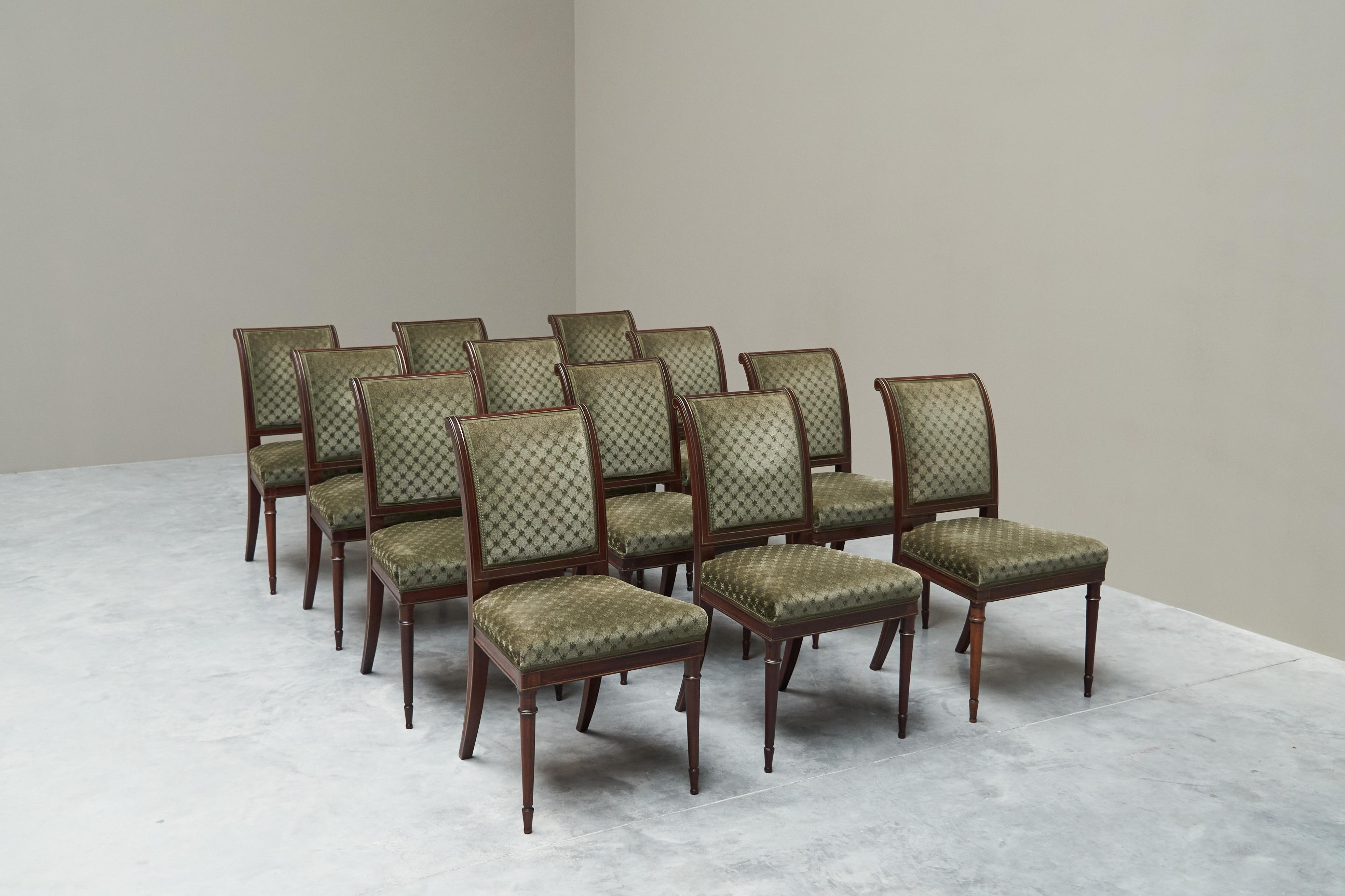 Rare Set of Twelve 19th Century Empire Chairs in Mahogany, Brass and Velvet For Sale 9