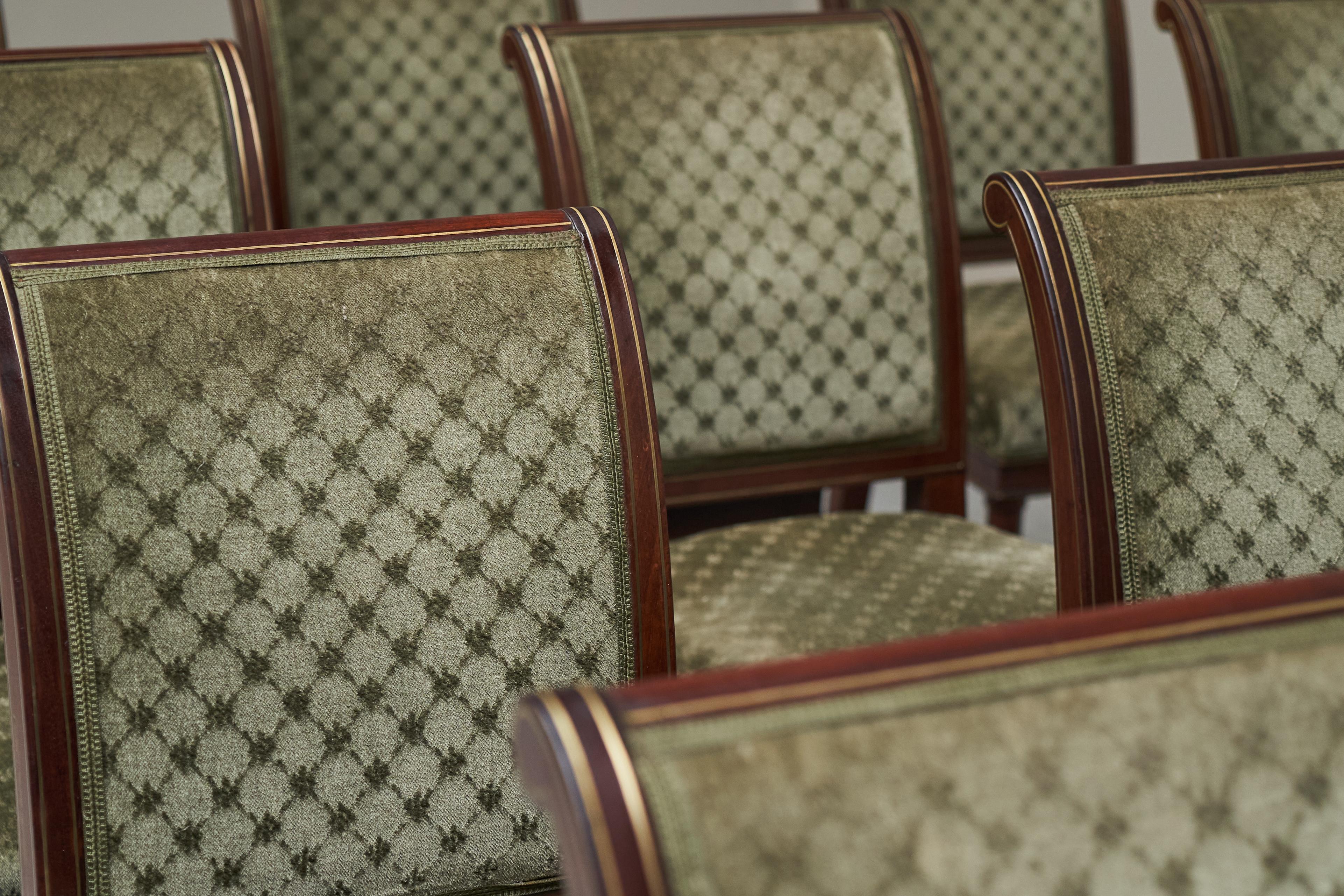 Rare Set of Twelve 19th Century Empire Chairs in Mahogany, Brass and Velvet For Sale 10