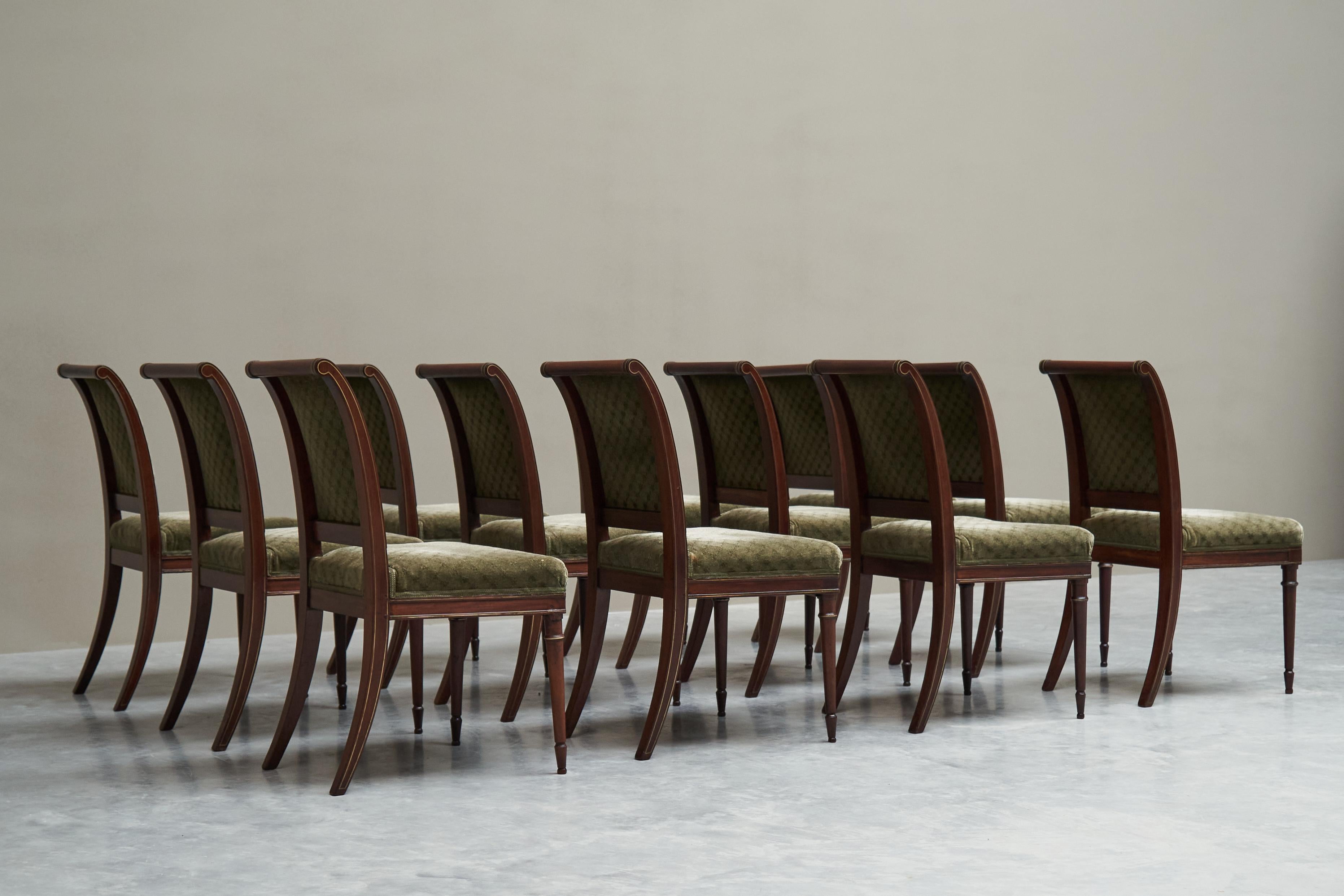 Rare Set of Twelve 19th Century Empire Chairs in Mahogany, Brass and Velvet For Sale 11