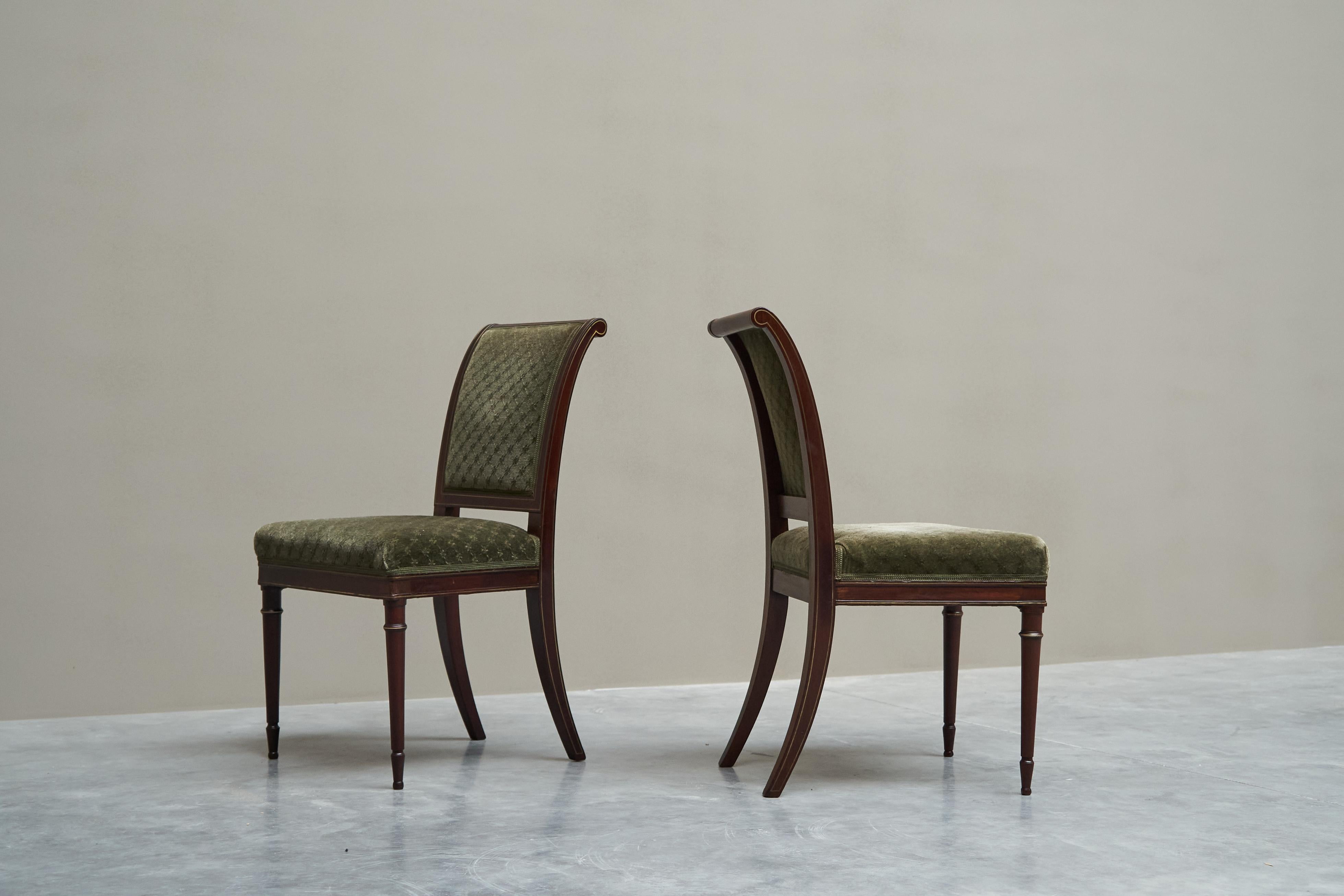 European Rare Set of Twelve 19th Century Empire Chairs in Mahogany, Brass and Velvet For Sale