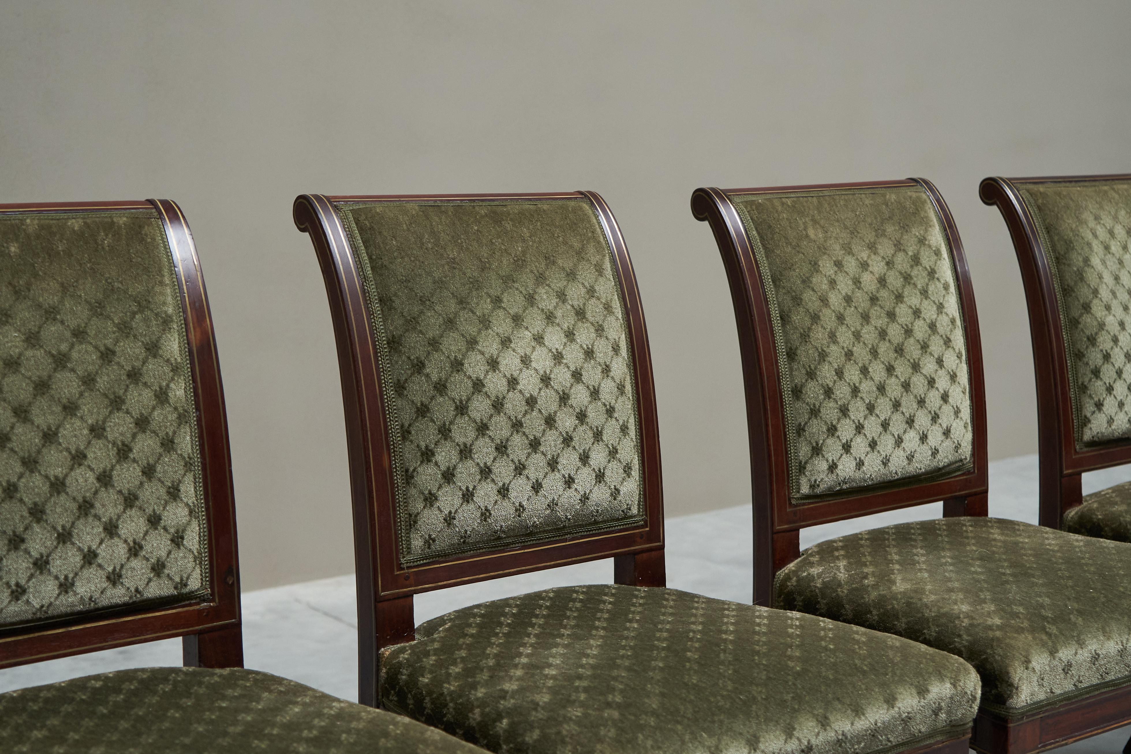 Hand-Crafted Rare Set of Twelve 19th Century Empire Chairs in Mahogany, Brass and Velvet For Sale