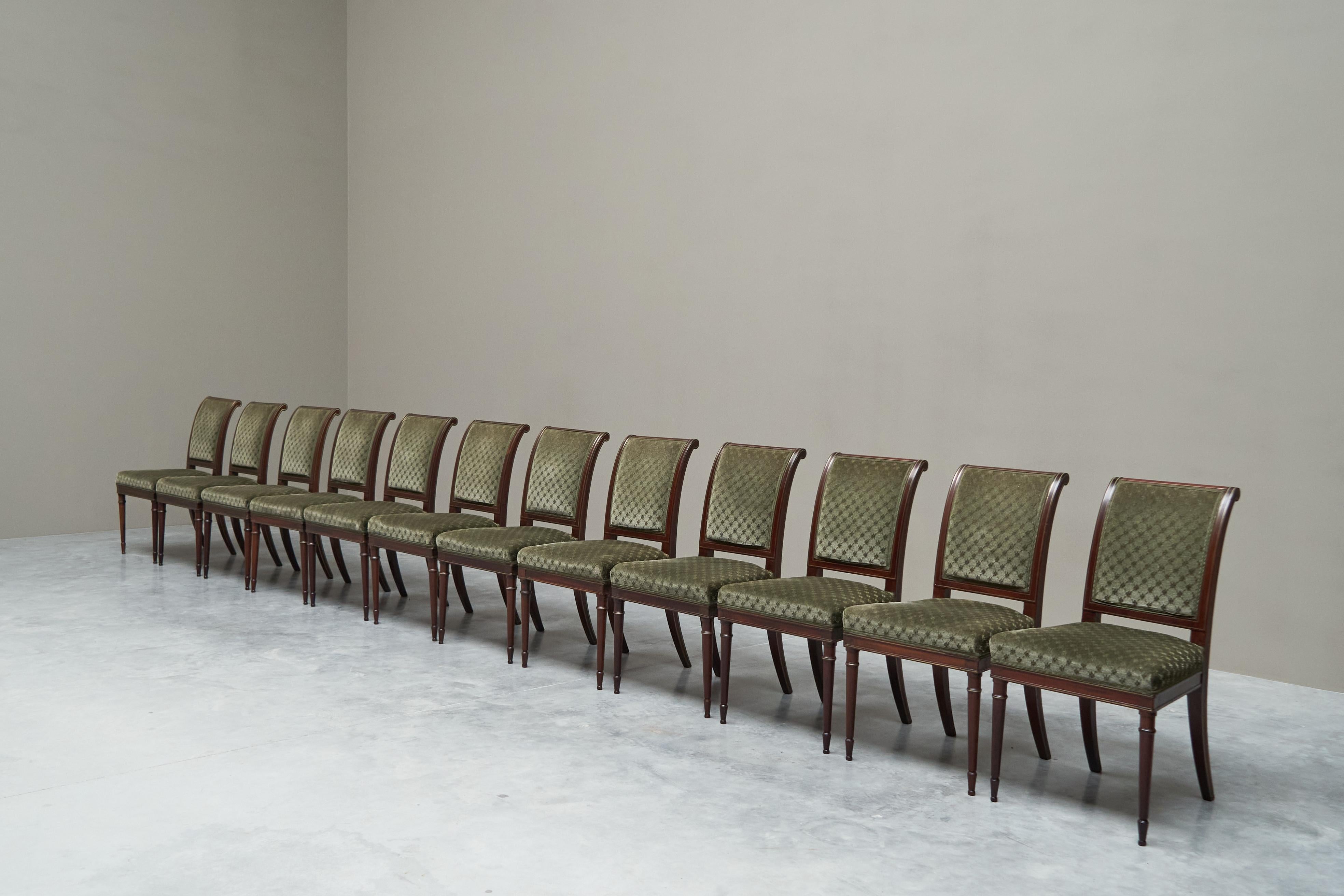 Rare Set of Twelve 19th Century Empire Chairs in Mahogany, Brass and Velvet In Good Condition For Sale In Meer, VAN