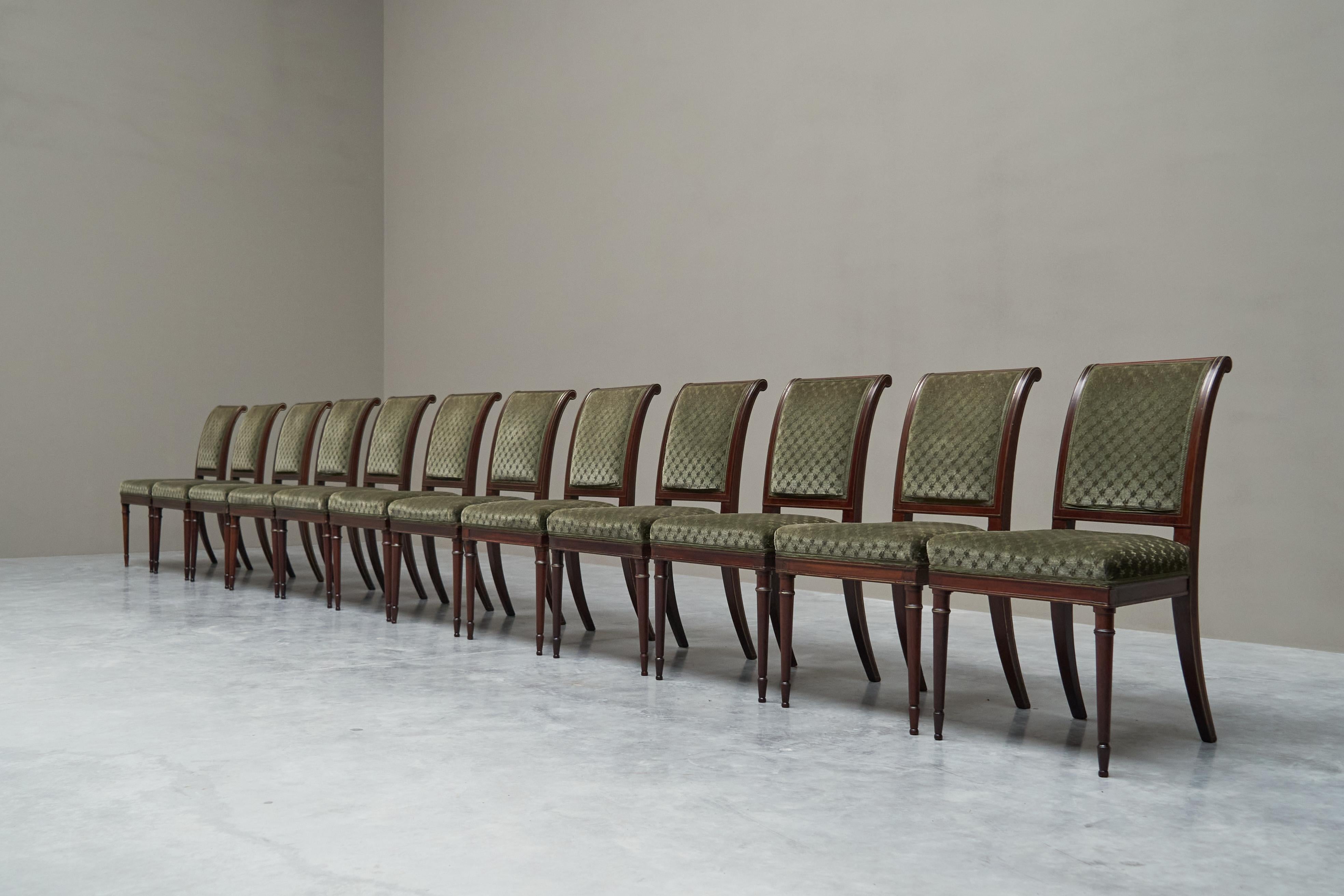 Rare Set of Twelve 19th Century Empire Chairs in Mahogany, Brass and Velvet For Sale 1