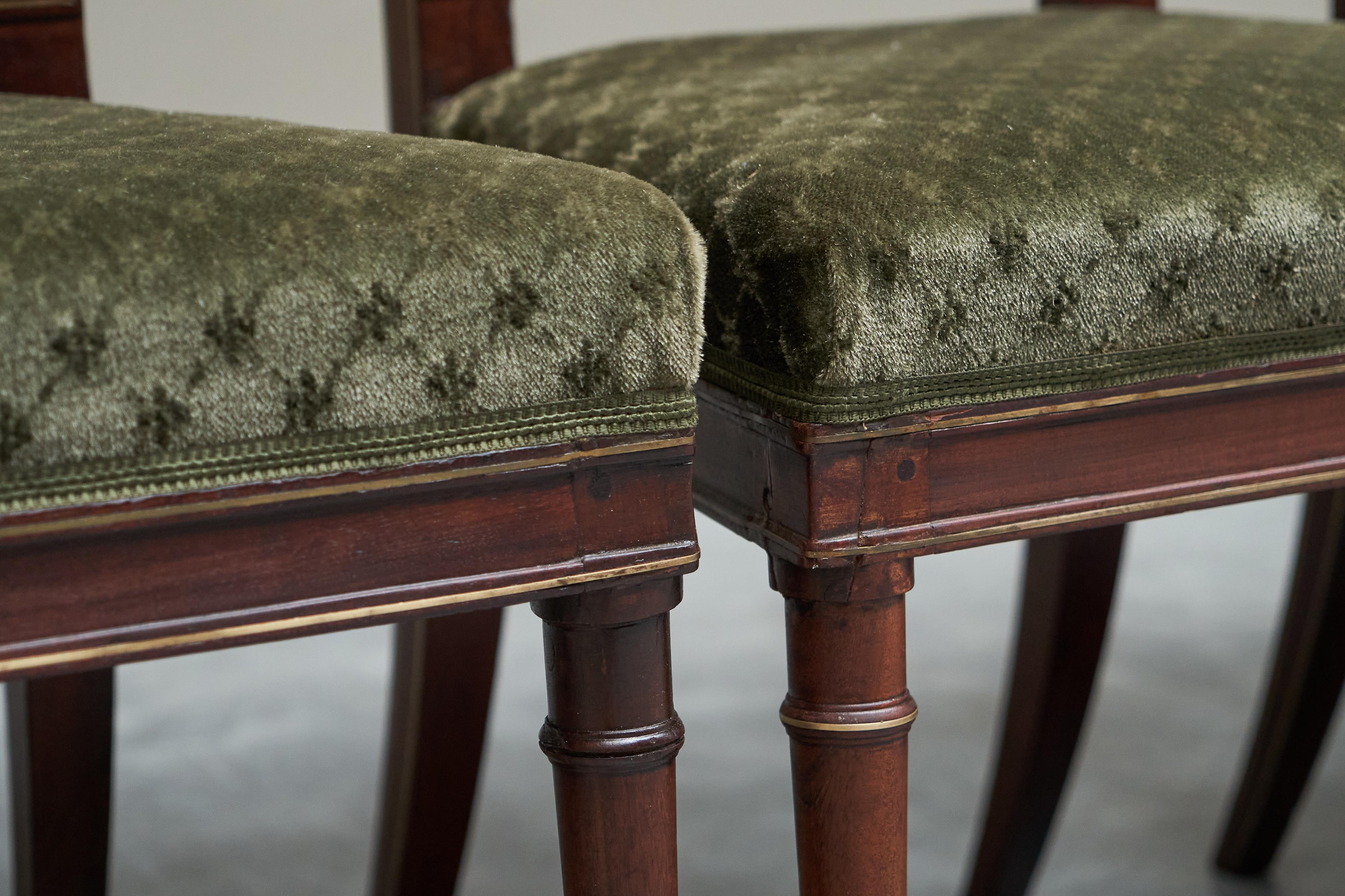 Rare Set of Twelve 19th Century Empire Chairs in Mahogany, Brass and Velvet For Sale 3