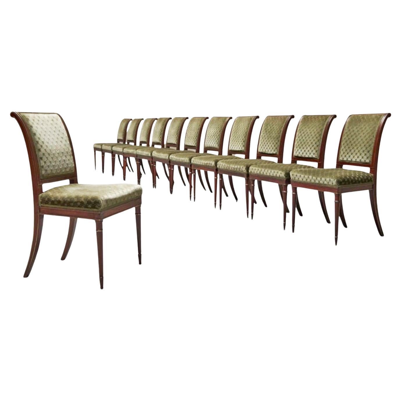 Rare Set of Twelve 19th Century Empire Chairs in Mahogany, Brass and Velvet For Sale