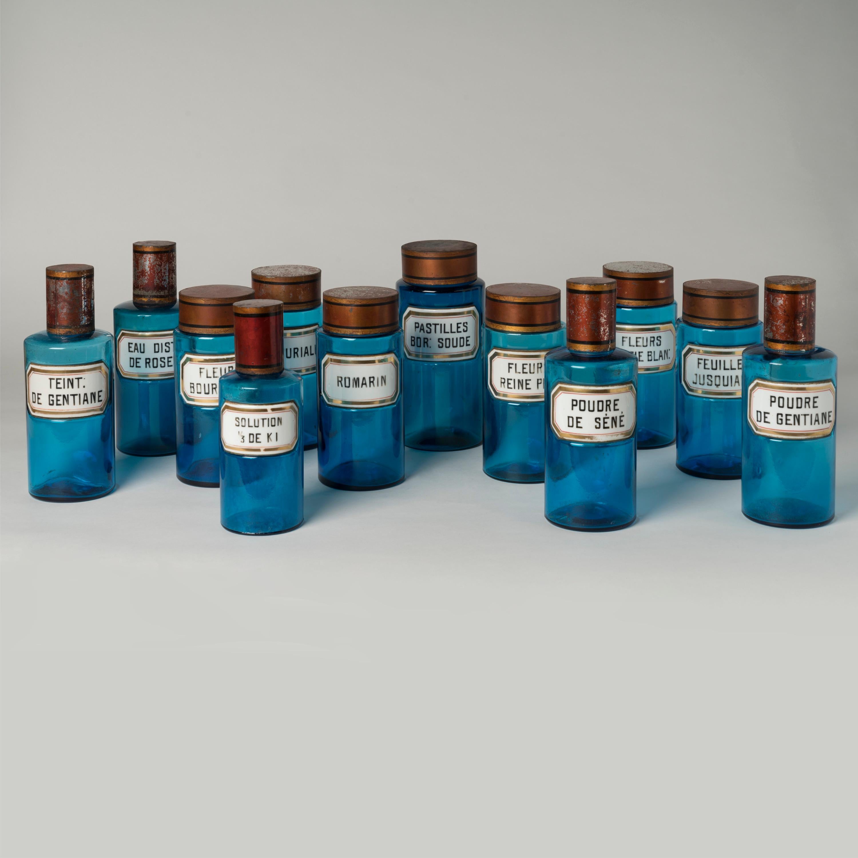 Un raro set di 12 barattoli e bottiglie da farmacia in vetro turchese

Con etichette opaline originali e coperchi a tole. Timbro Paris PL Deposit, molto probabilmente venduto da Lefébure.
Parigi, 1880 circa

Dimensioni: H: 10 in / 25 cm

Verreries