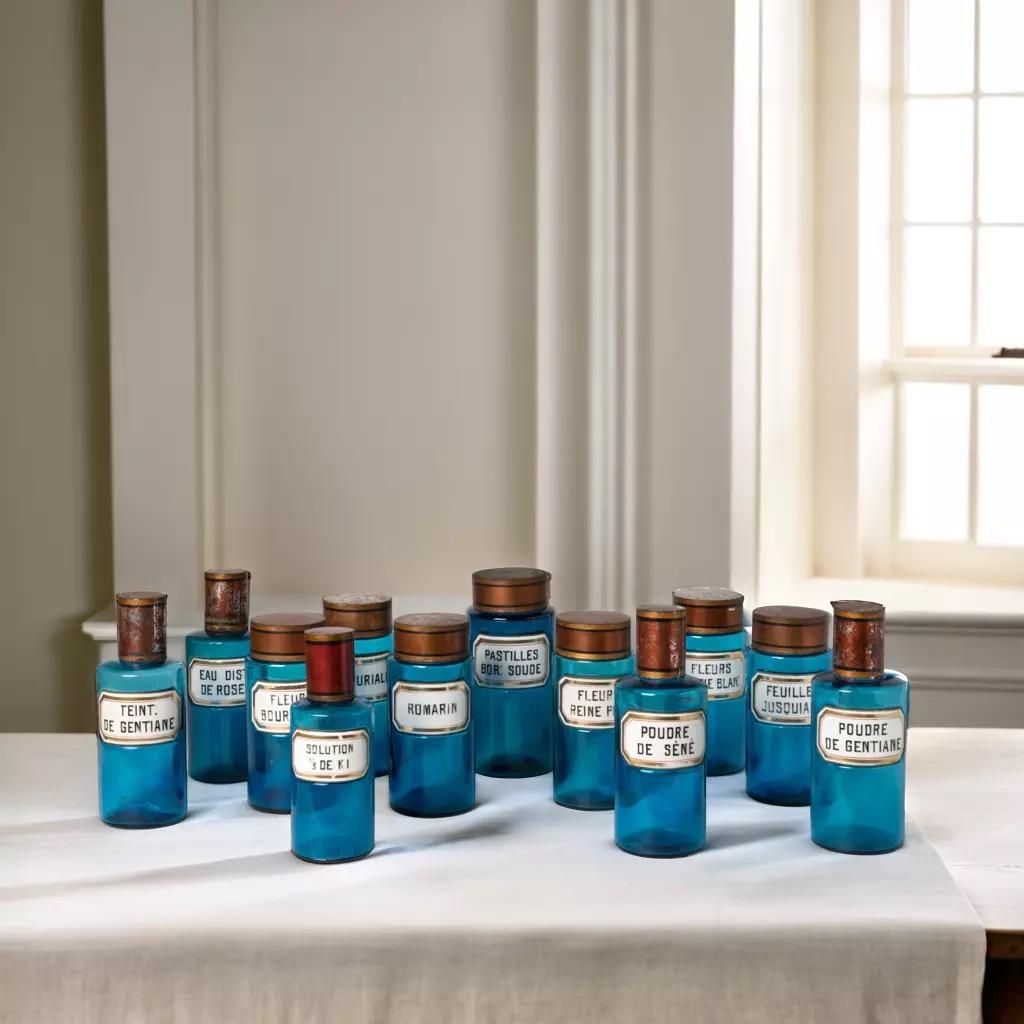 Vetro Raro set di dodici barattoli e bottiglie da farmacia in vetro blu francese del XIX secolo in vendita