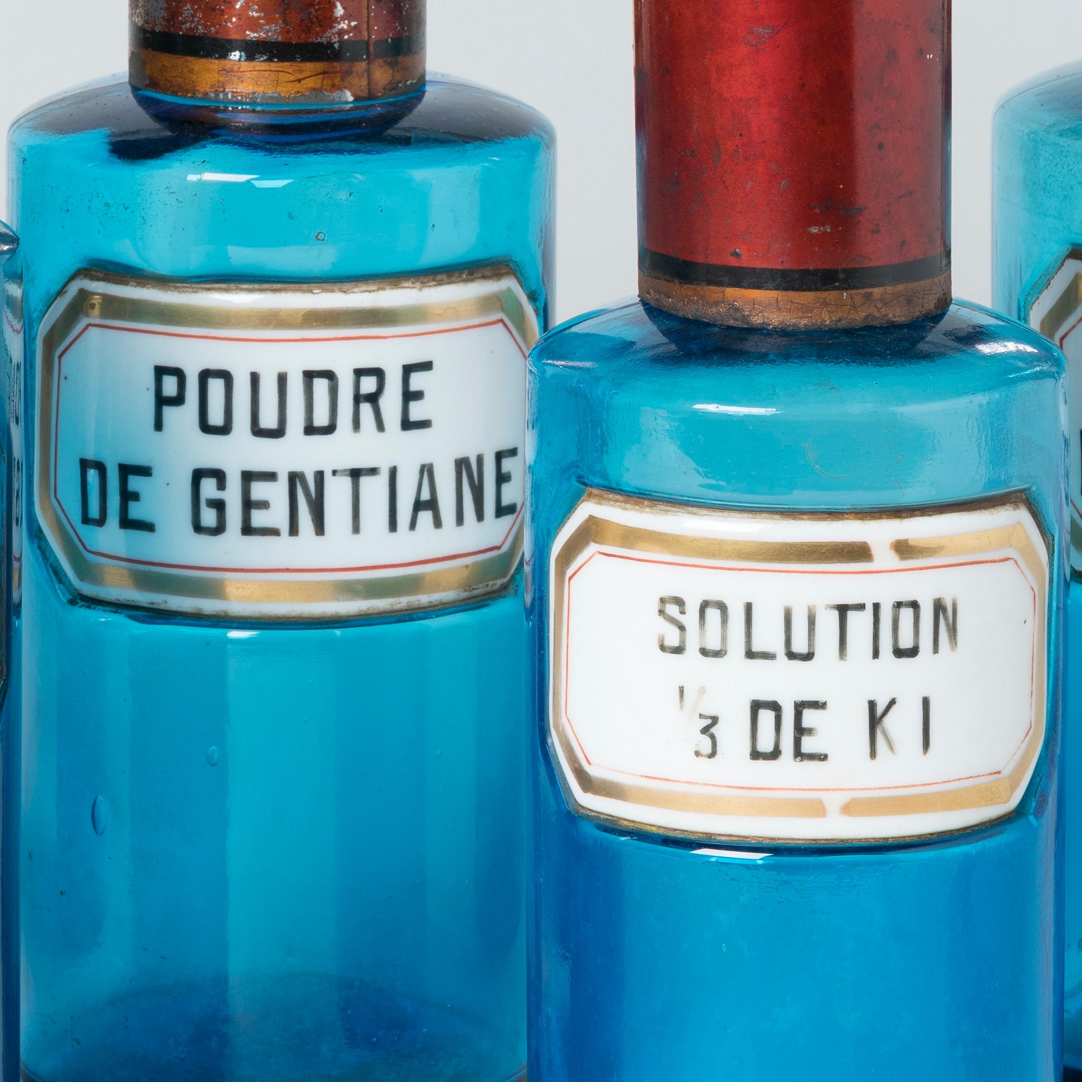 Raro set di dodici barattoli e bottiglie da farmacia in vetro blu francese del XIX secolo in vendita 4