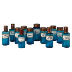 Vintage Rare Set of Twelve 19th Century French Blue Glass Apothecary Jars & Bottles