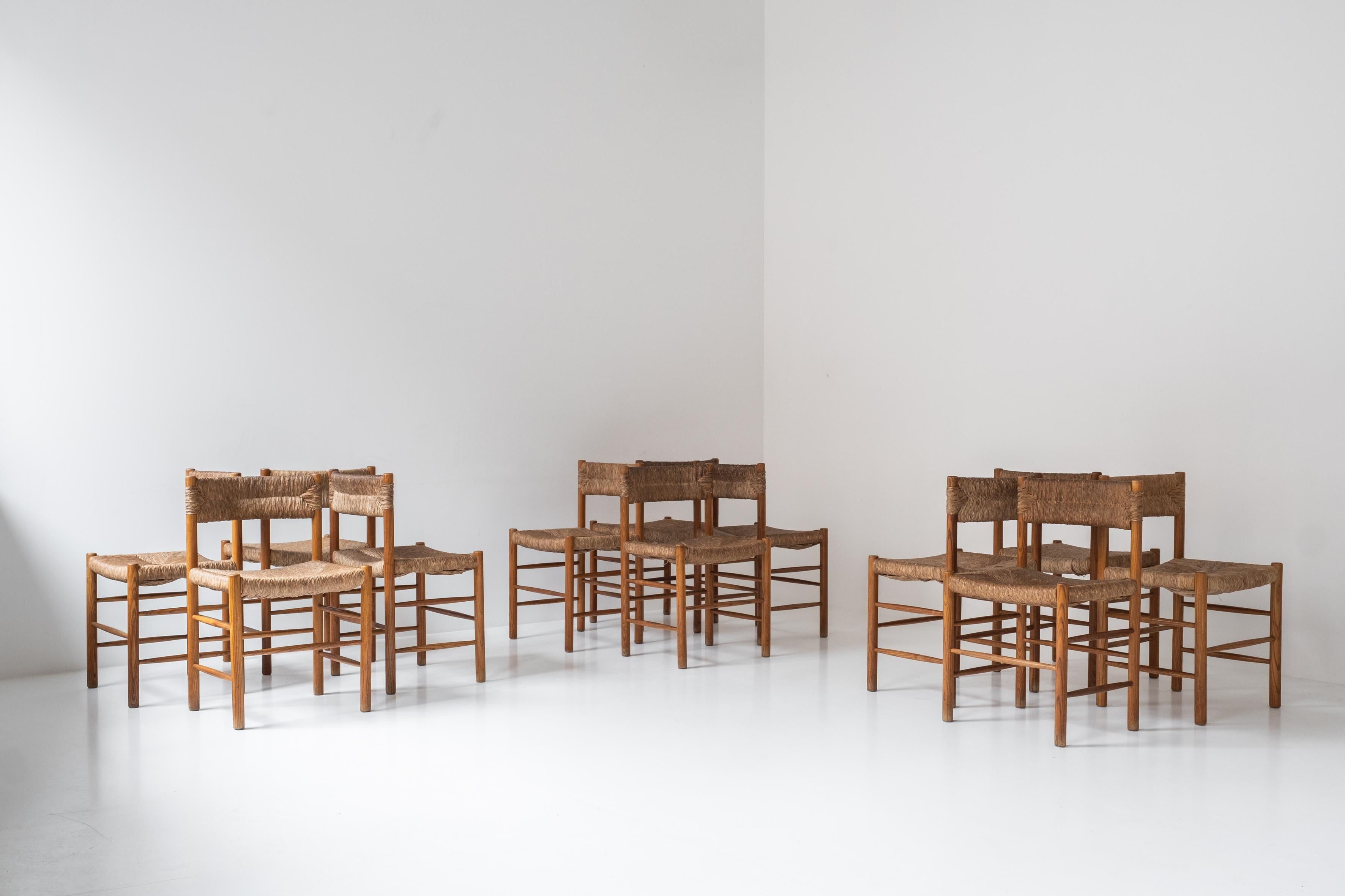 French Rare set of twelve ‘Dordogne’ chairs by Charlotte Perriand for Sentou, 1960s