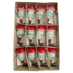 Rare Set of Twelve Mushroom Clip-On Christmas Ornaments Vintage, German, 1940s