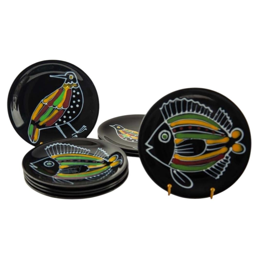 Rare Set of Twelve Robert Picault Vallauris Bird & Fish Faience Plates, 1960's For Sale
