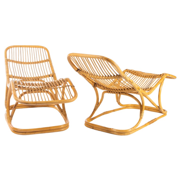 Rare Set of Two '2' Rattan Lounge Chairs / Chaise Lounges Attributed