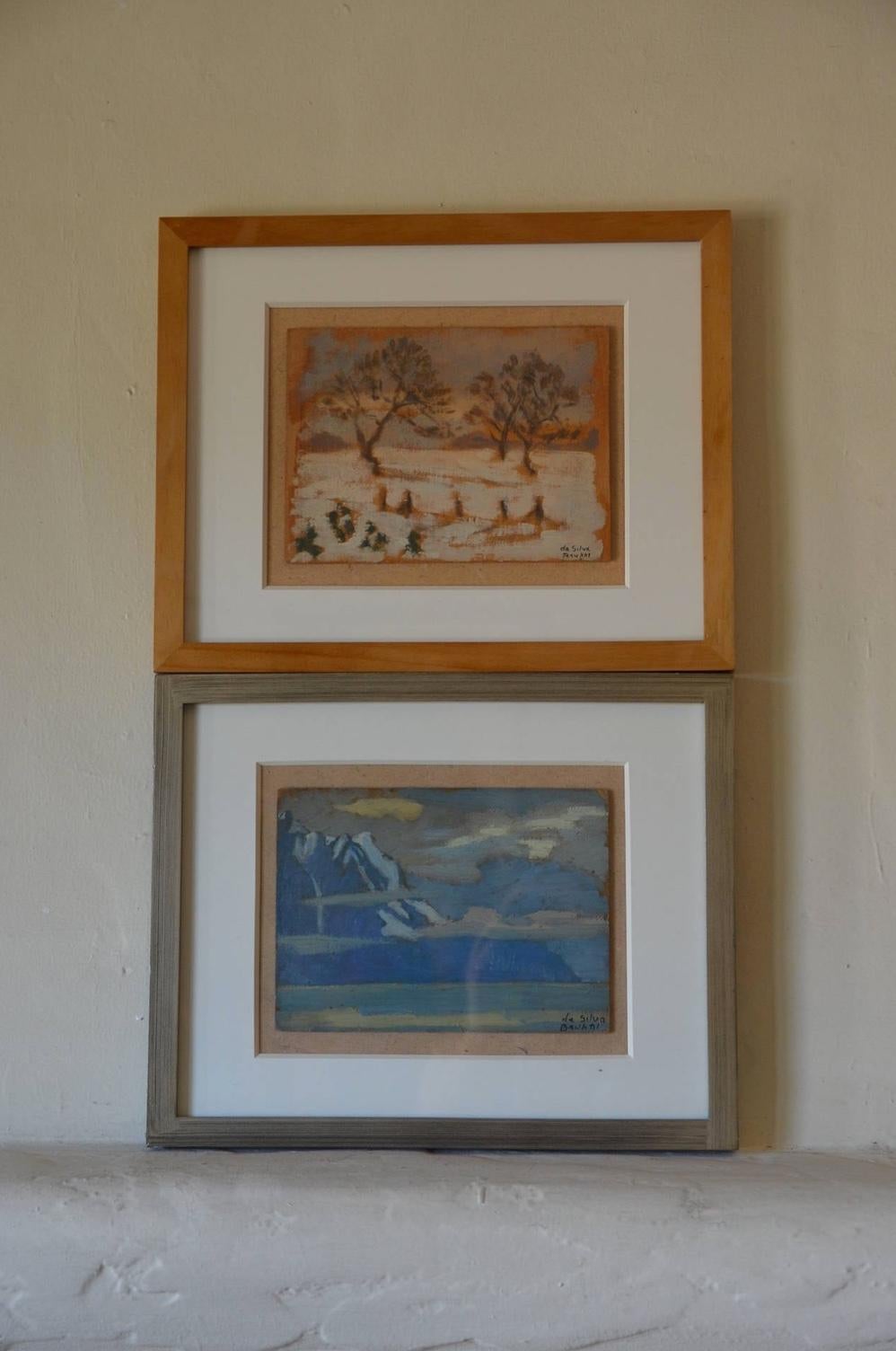 Rare set of two small framed oil paintings by Ivan da Silva Bruhns, (Paris, 1881-Antibes, 1980). Unique works. Signed. Each panel is 9 in. Measures: wide x 6.5 in. tall.