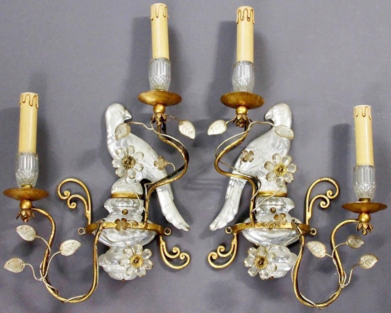 Crystal glass and gilded iron in very good condition. one single sconce also available.
